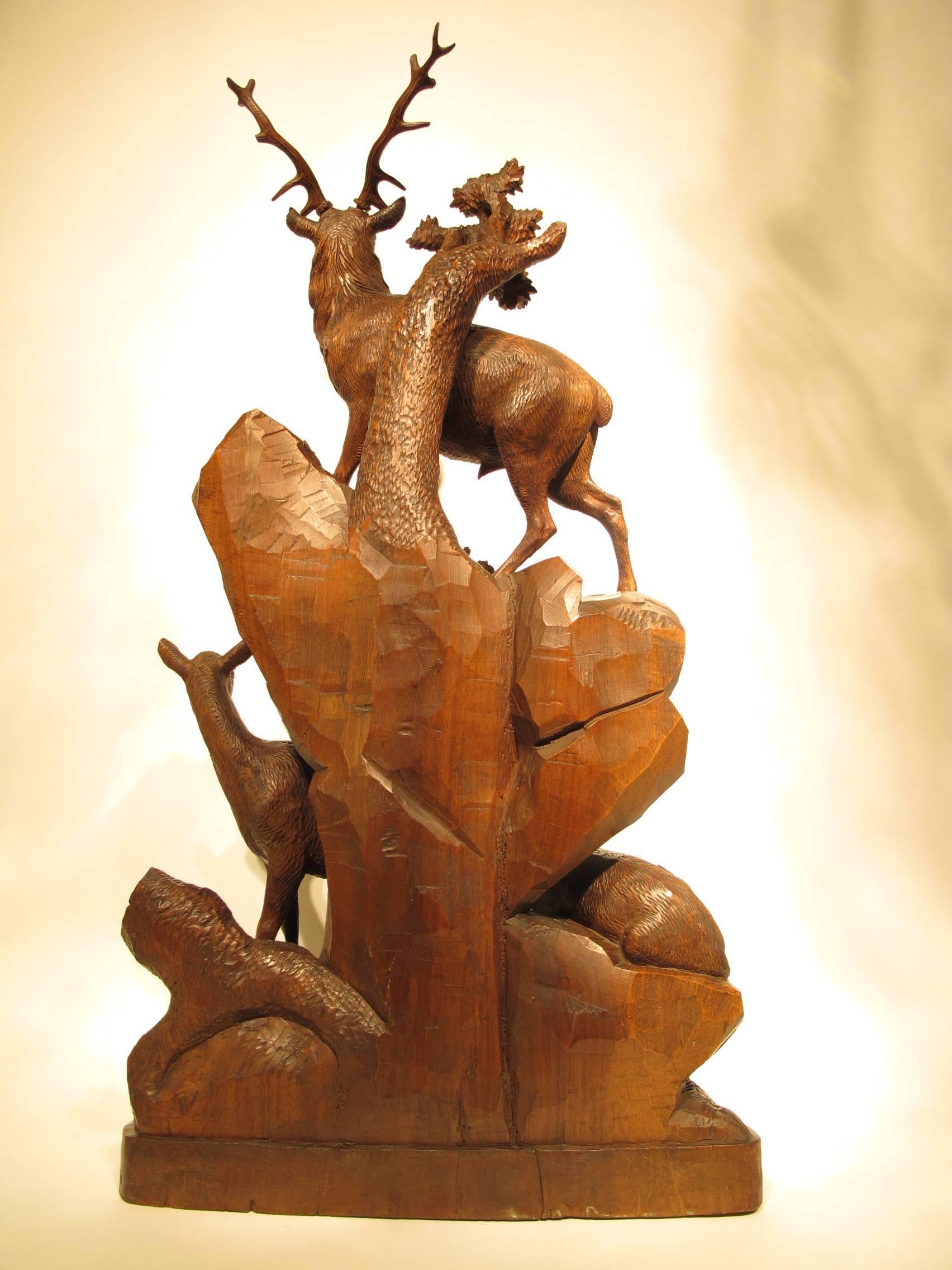 Walnut Large 19th Century Black Forest Carved Group of Deer by Emile Egger