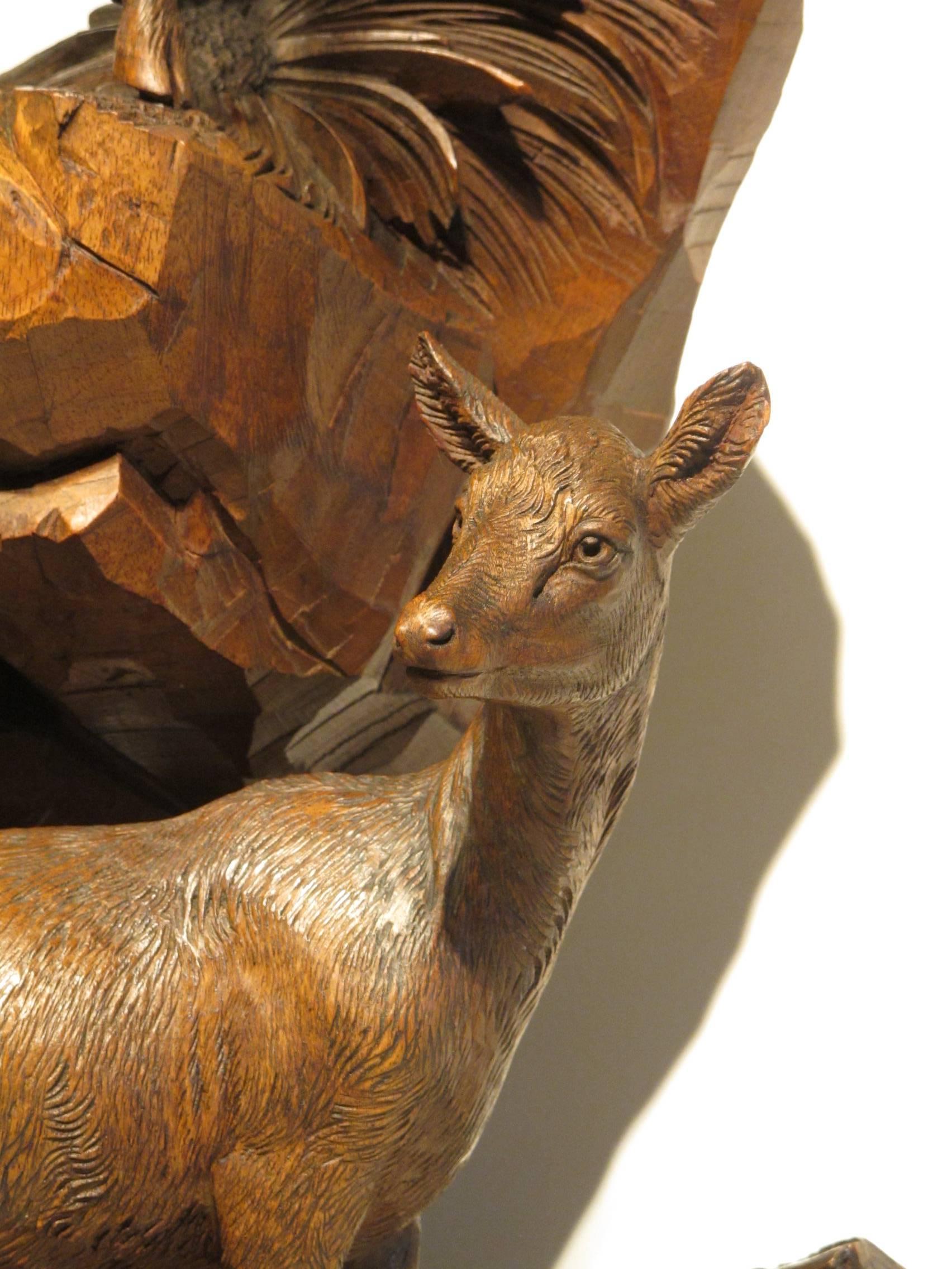 Late 19th Century Large 19th Century Black Forest Carved Group of Deer by Emile Egger