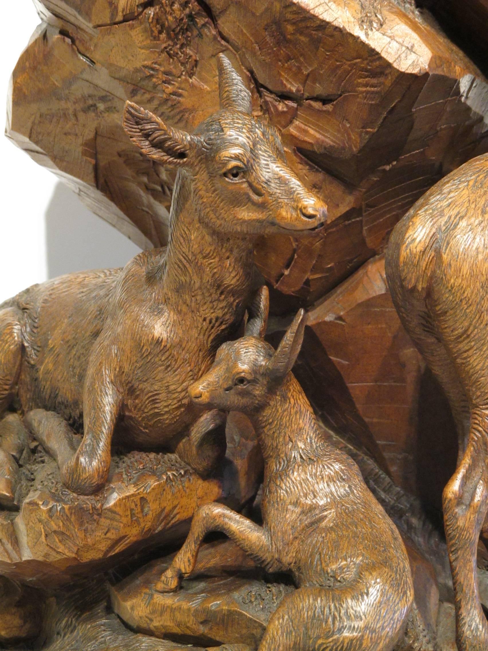 Hand-Carved Large 19th Century Black Forest Carved Group of Deer by Emile Egger