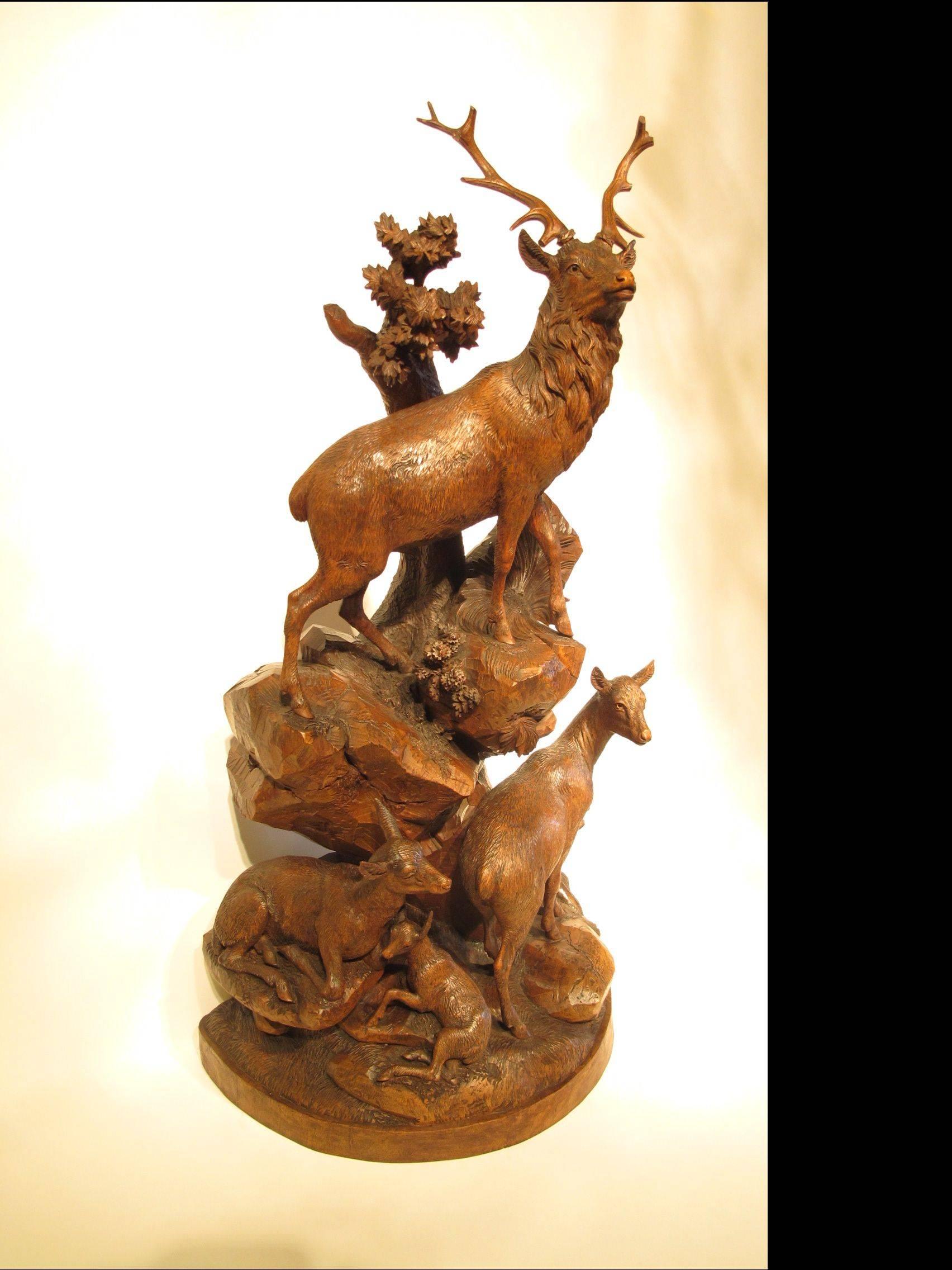 Swiss Large 19th Century Black Forest Carved Group of Deer by Emile Egger