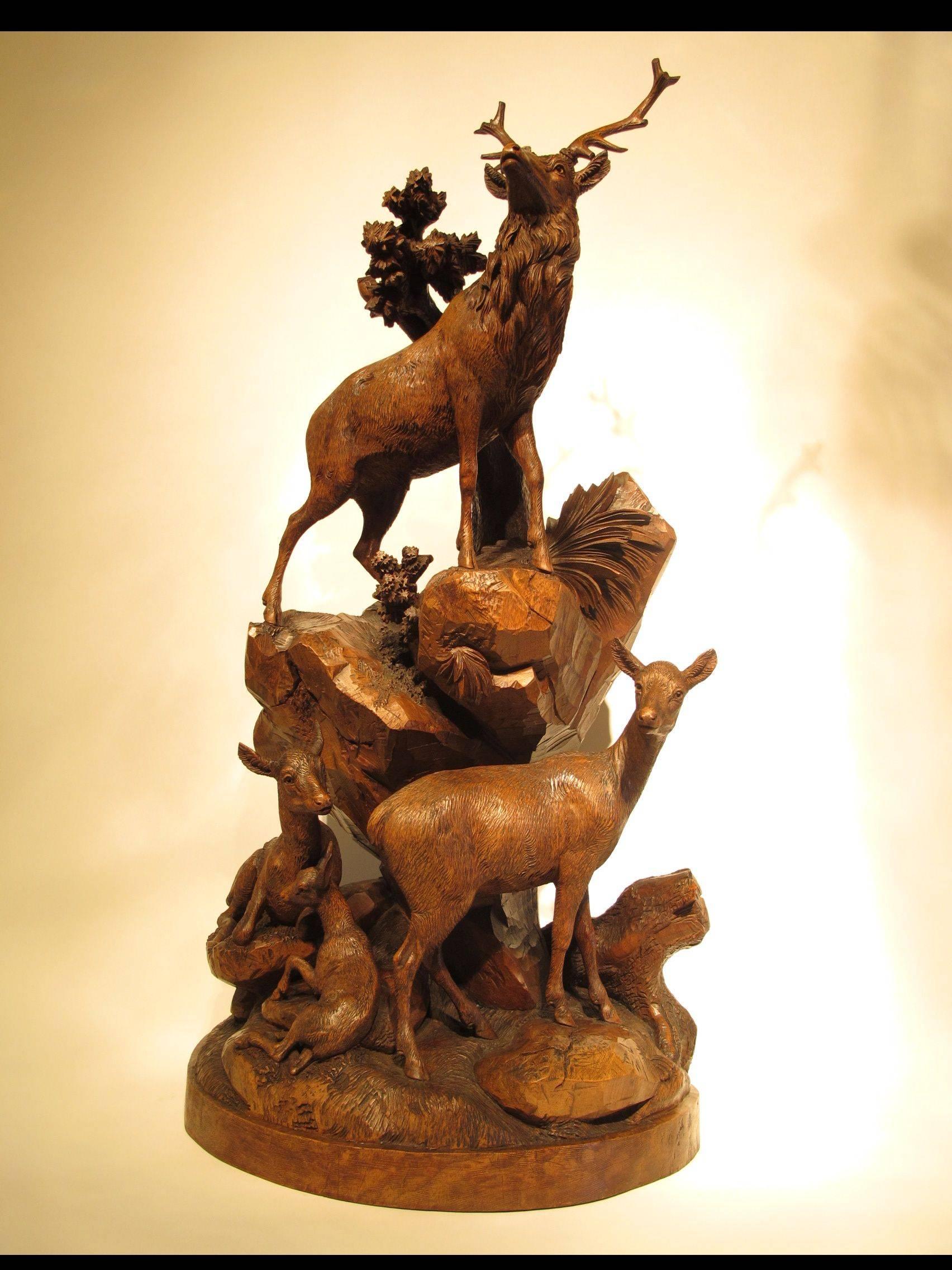 Large 19th Century Black Forest Carved Group of Deer by Emile Egger 3