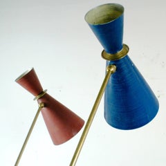 Italian Midcentury Blue Diabolo Brass Floor Lamp in the Style of Stilnovo
