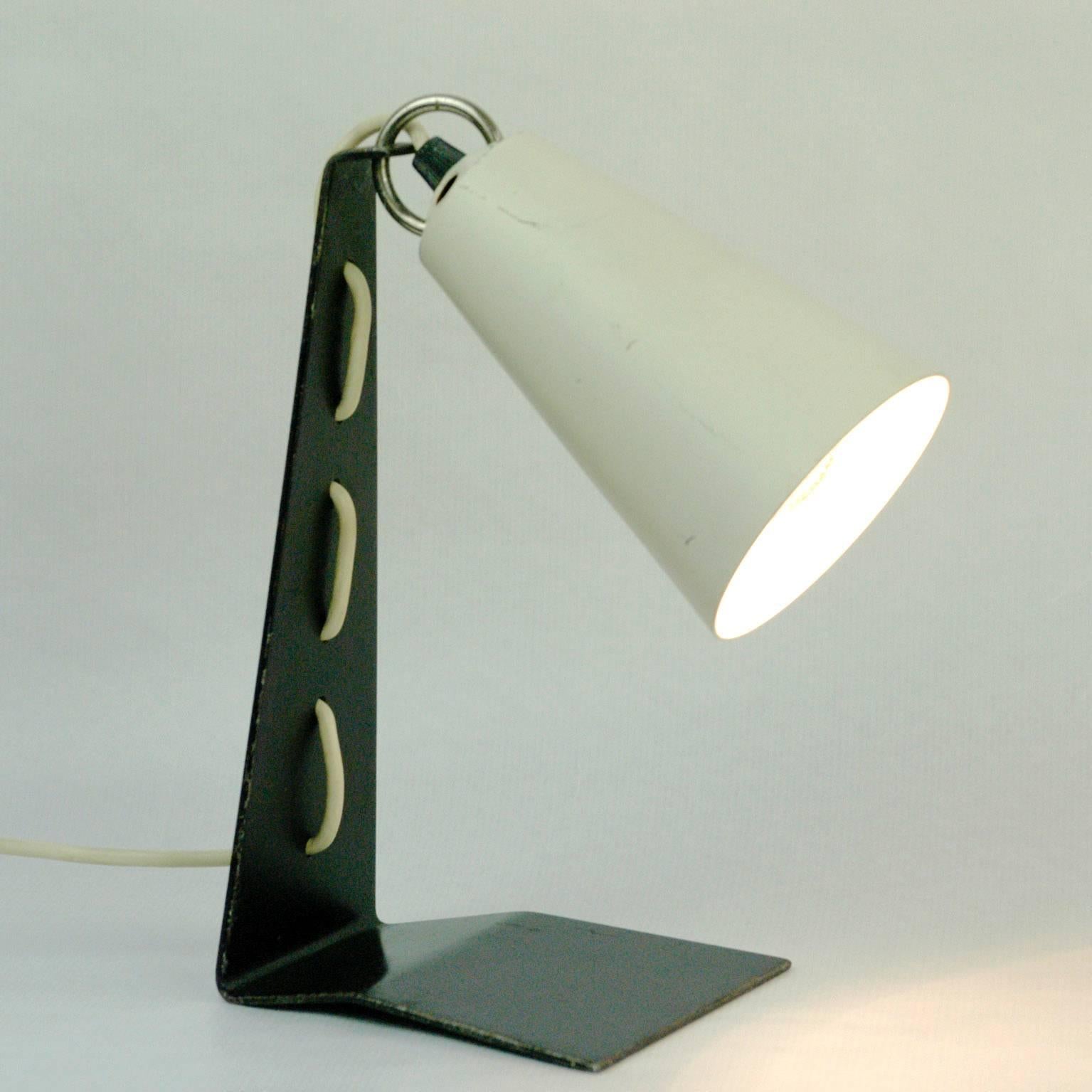 Lacquered Black and White Austrian Midcentury Metal Table Lamp Hook by J. T. Kalmar For Sale