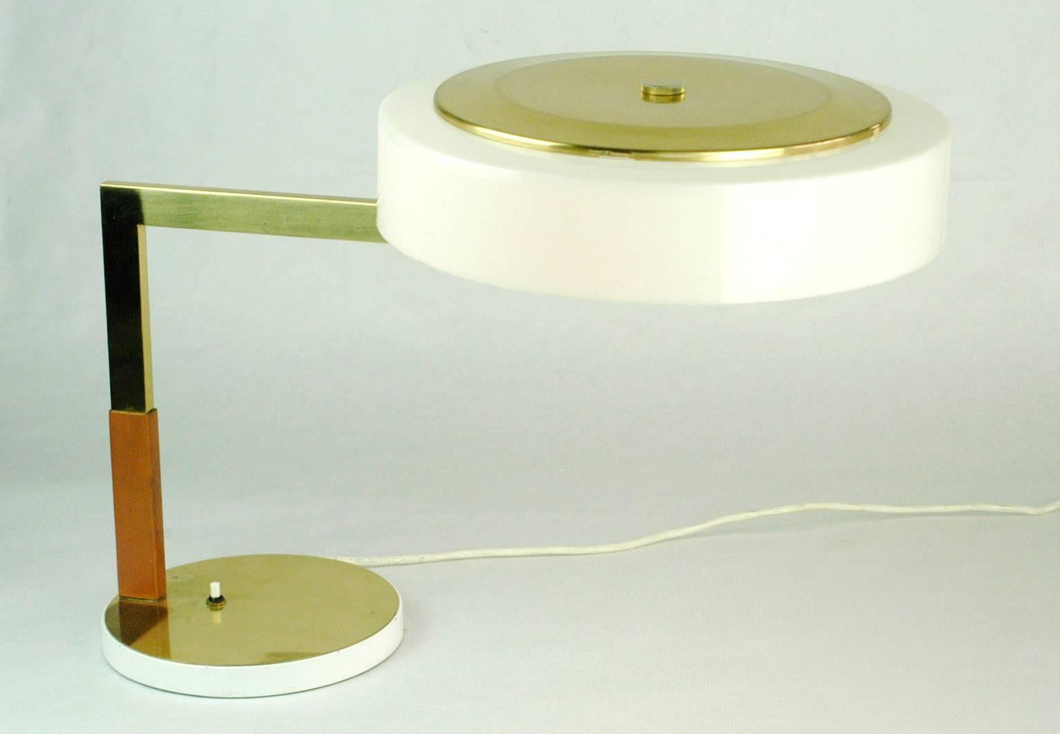 Mid-Century Modern Austrian Midcentury Brass Leather and White Acrylic Desk Lamp by J.T. Kalmar