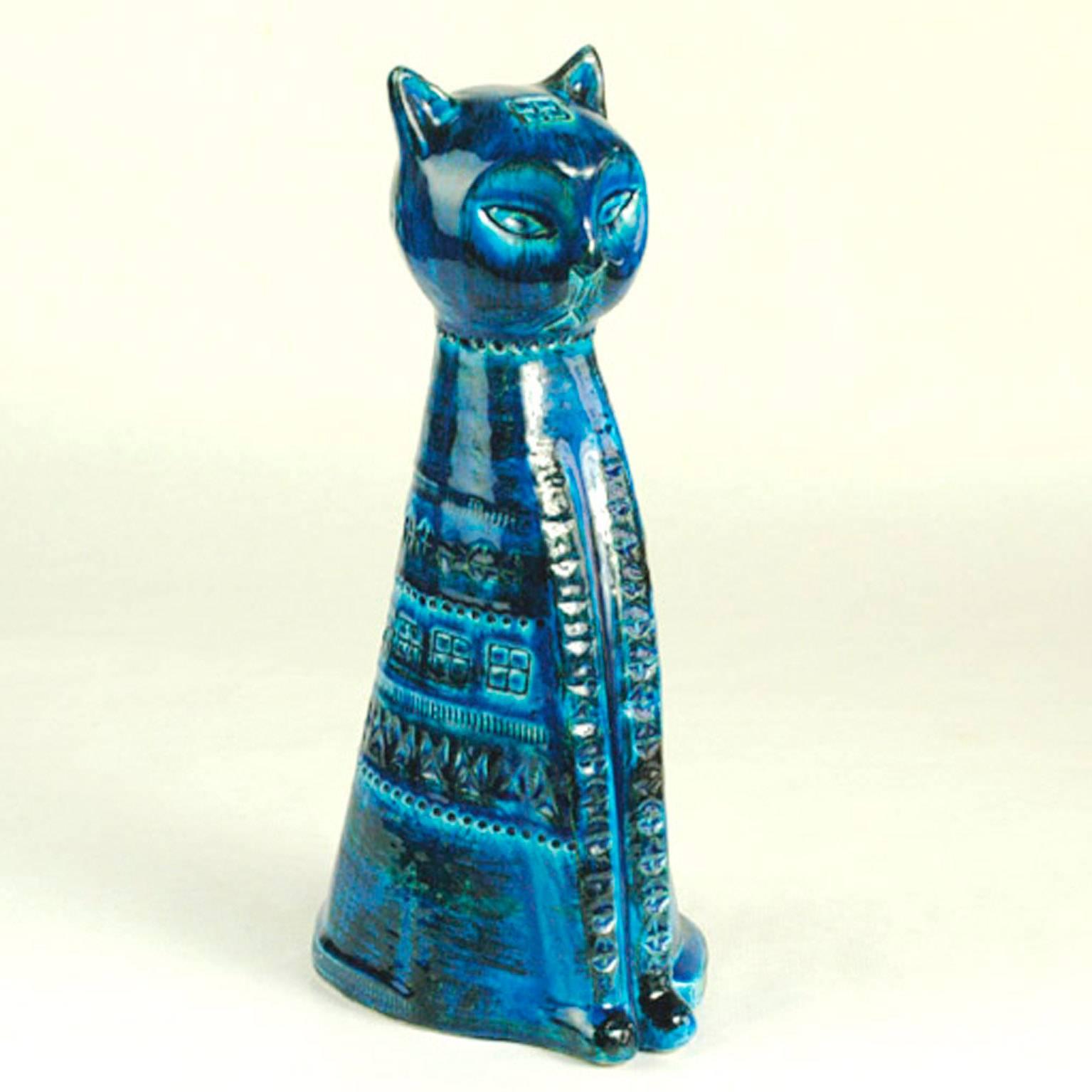 Huge Italian modern ceramic cat sculptures from the Rimini Blue series.