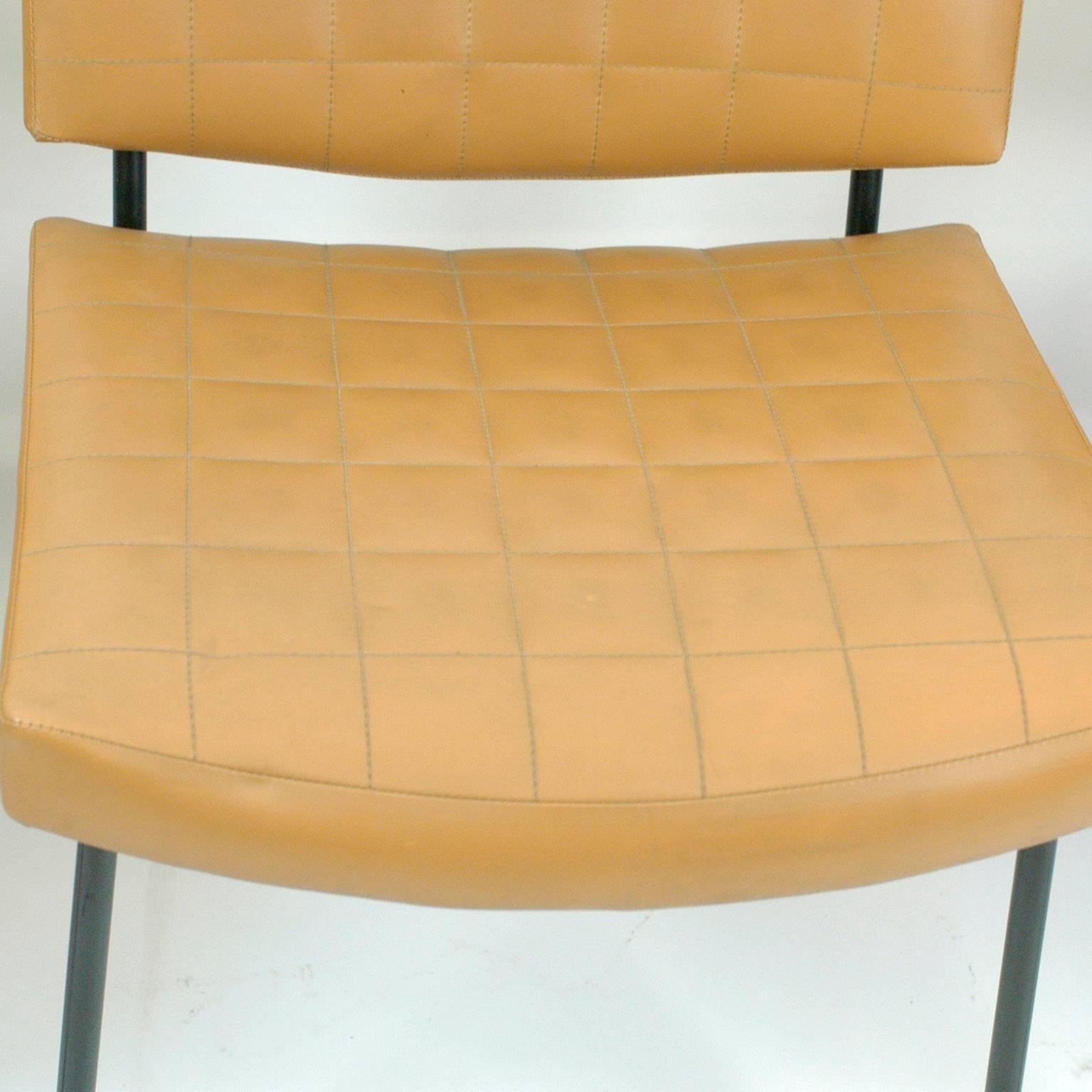 Metal Set of Three Cognac Midcentury Chairs Designed by Pierre Guariche for Meurop