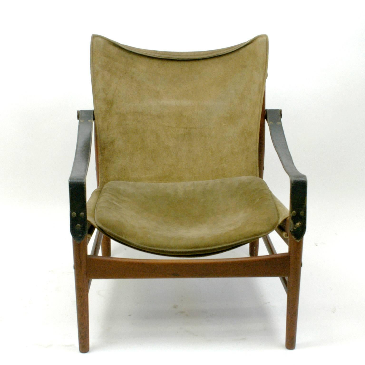 Scandinavian Modern Safari lounge chair, suede and leather with nice patina.