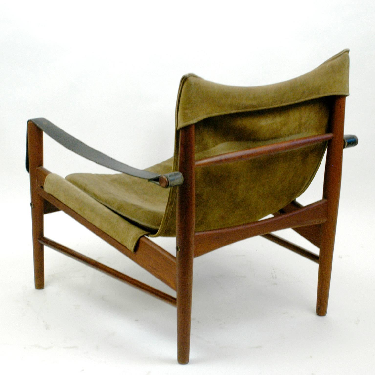 Scandinavian Modern Teak and Suede Safari Chair by Hans Olsen