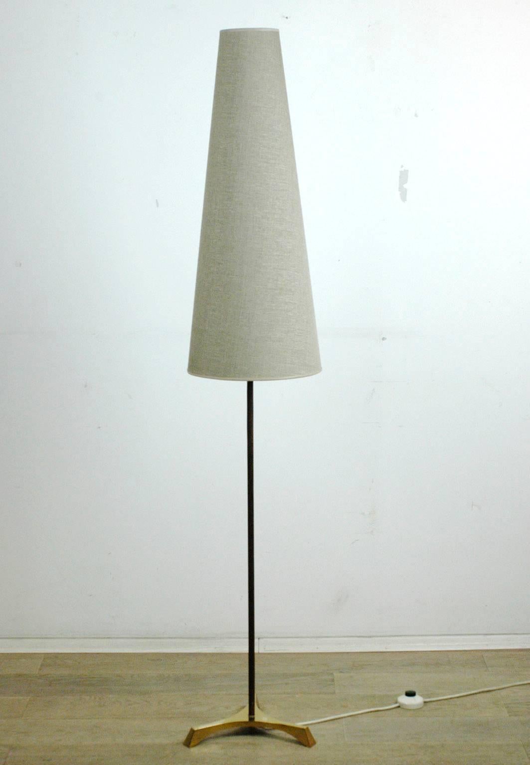 Austrian 1950s brass and teak floor lamp, lampshade renewed.