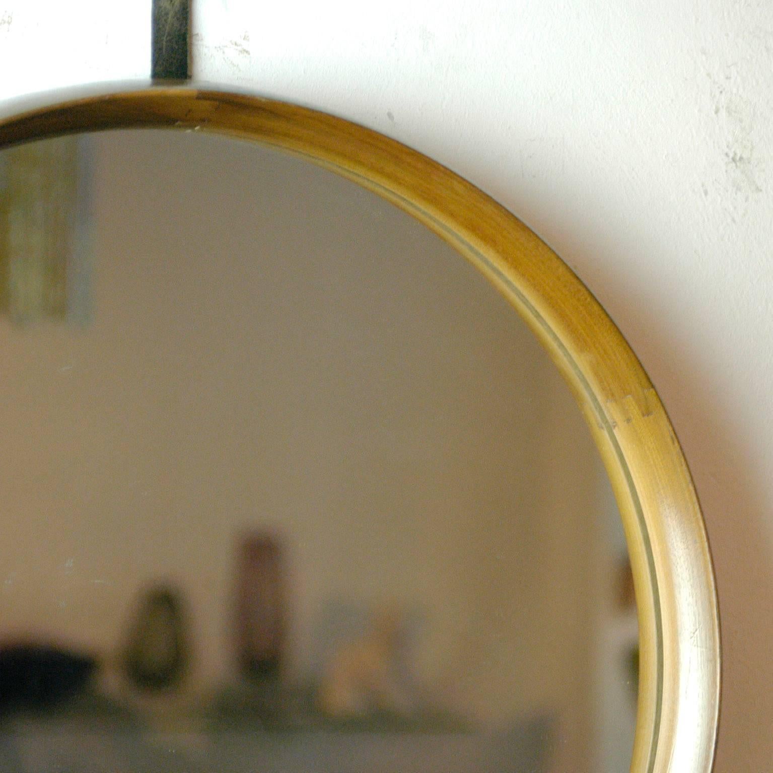 Mid-20th Century Scandinavian Circular Teak and Leather Wall Mirror For Sale