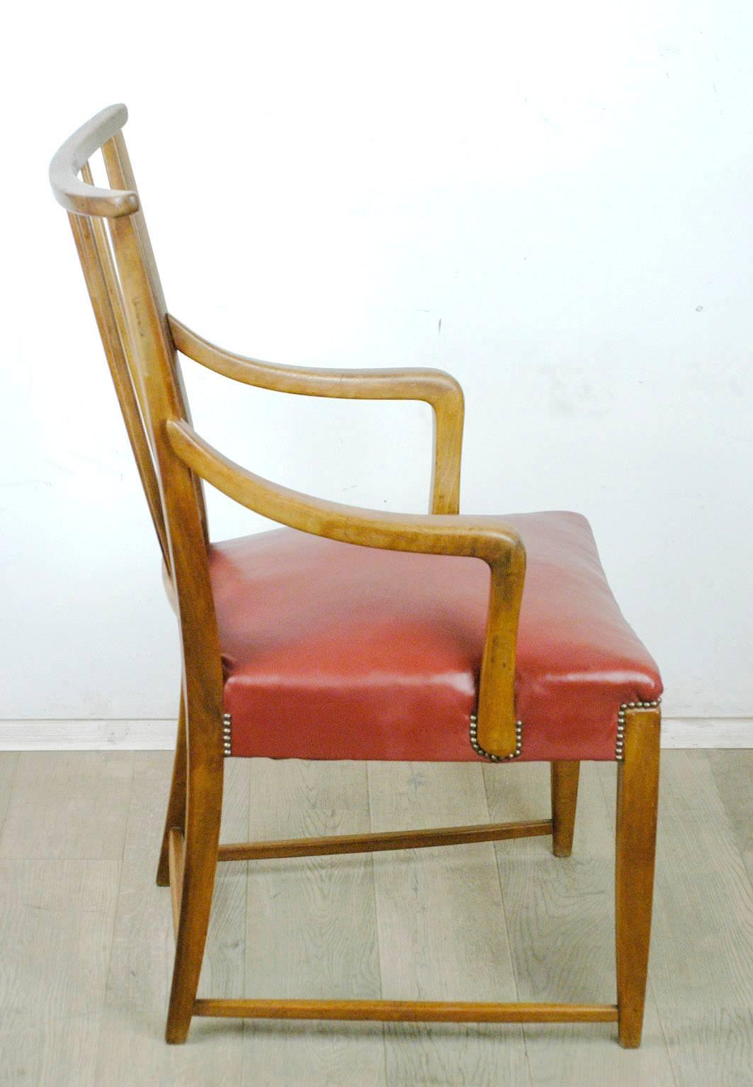 Mid-Century Modern Austrian Midcentury Walnut and red Leather Armchair by Oswald Haerdtl