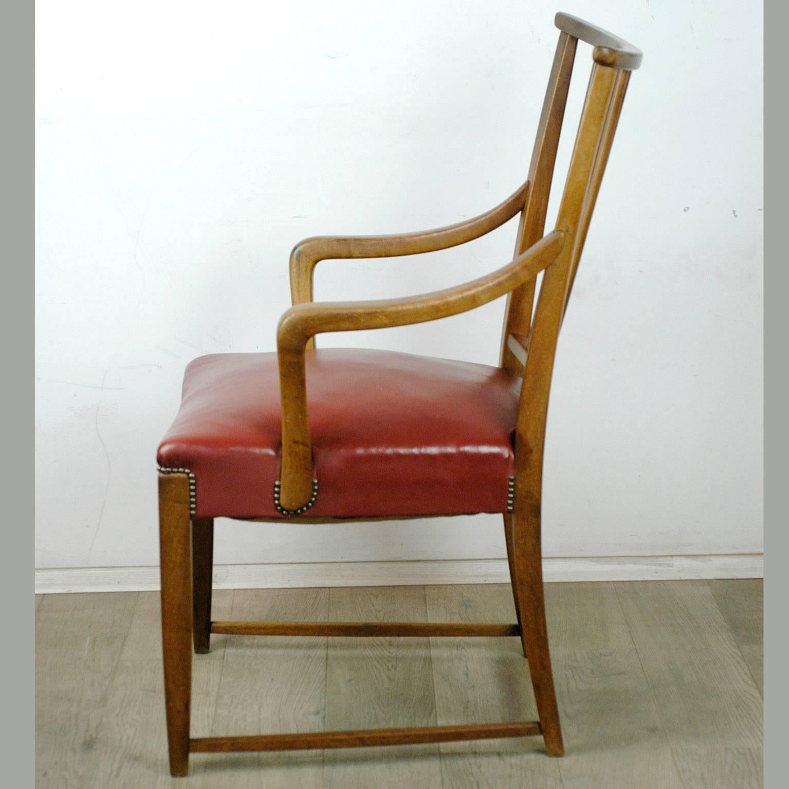 Austrian Midcentury Walnut and red Leather Armchair by Oswald Haerdtl 1