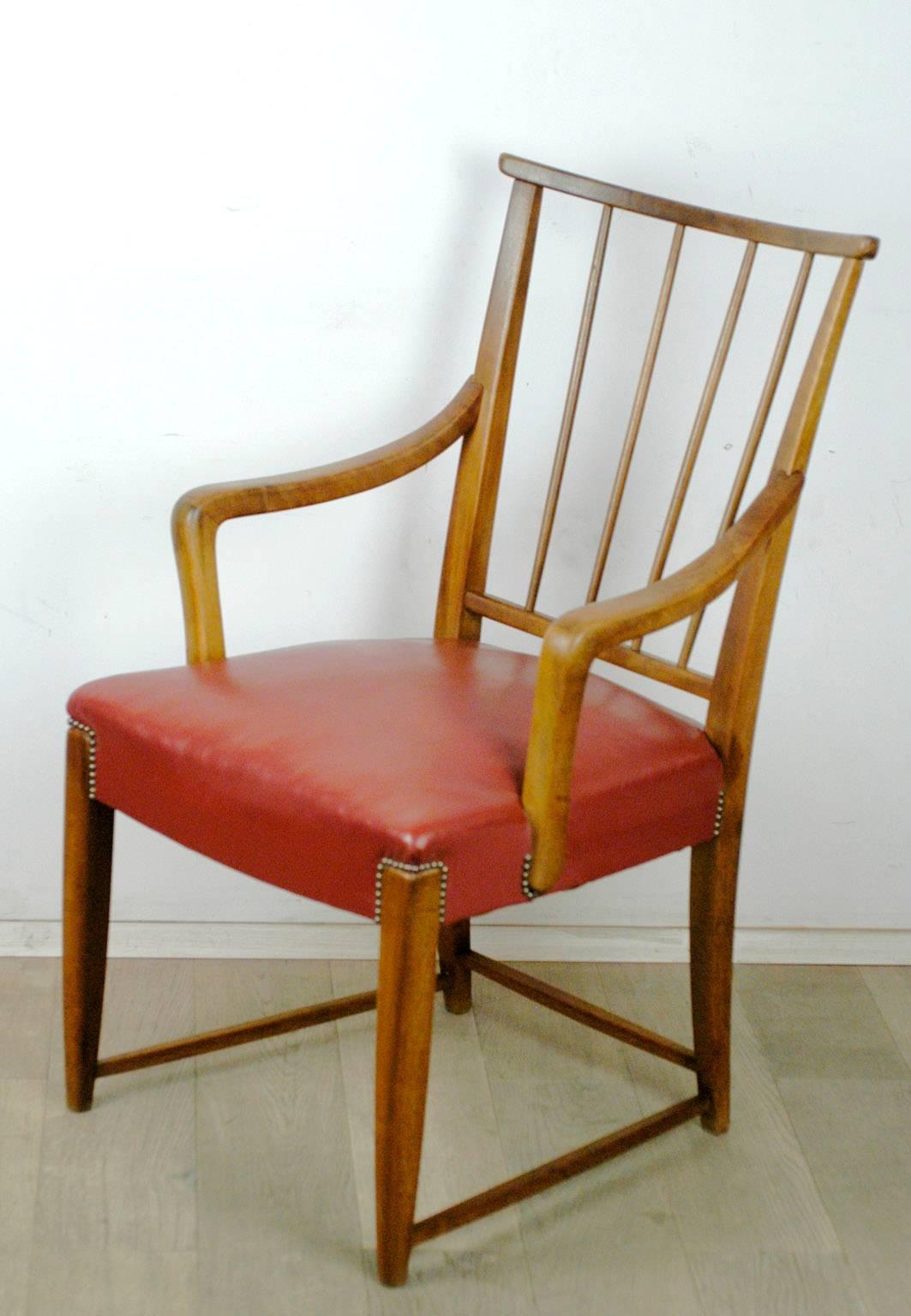 Austrian Midcentury Walnut and red Leather Armchair by Oswald Haerdtl 2