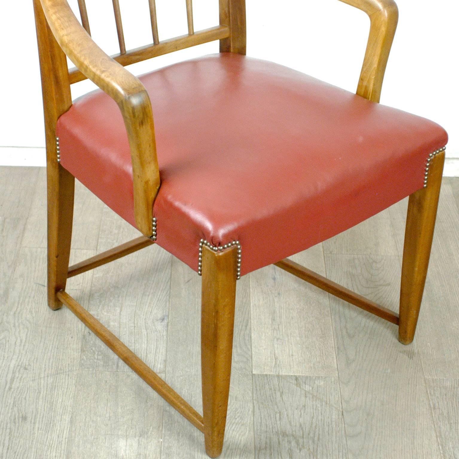 Austrian Midcentury Walnut and red Leather Armchair by Oswald Haerdtl 3