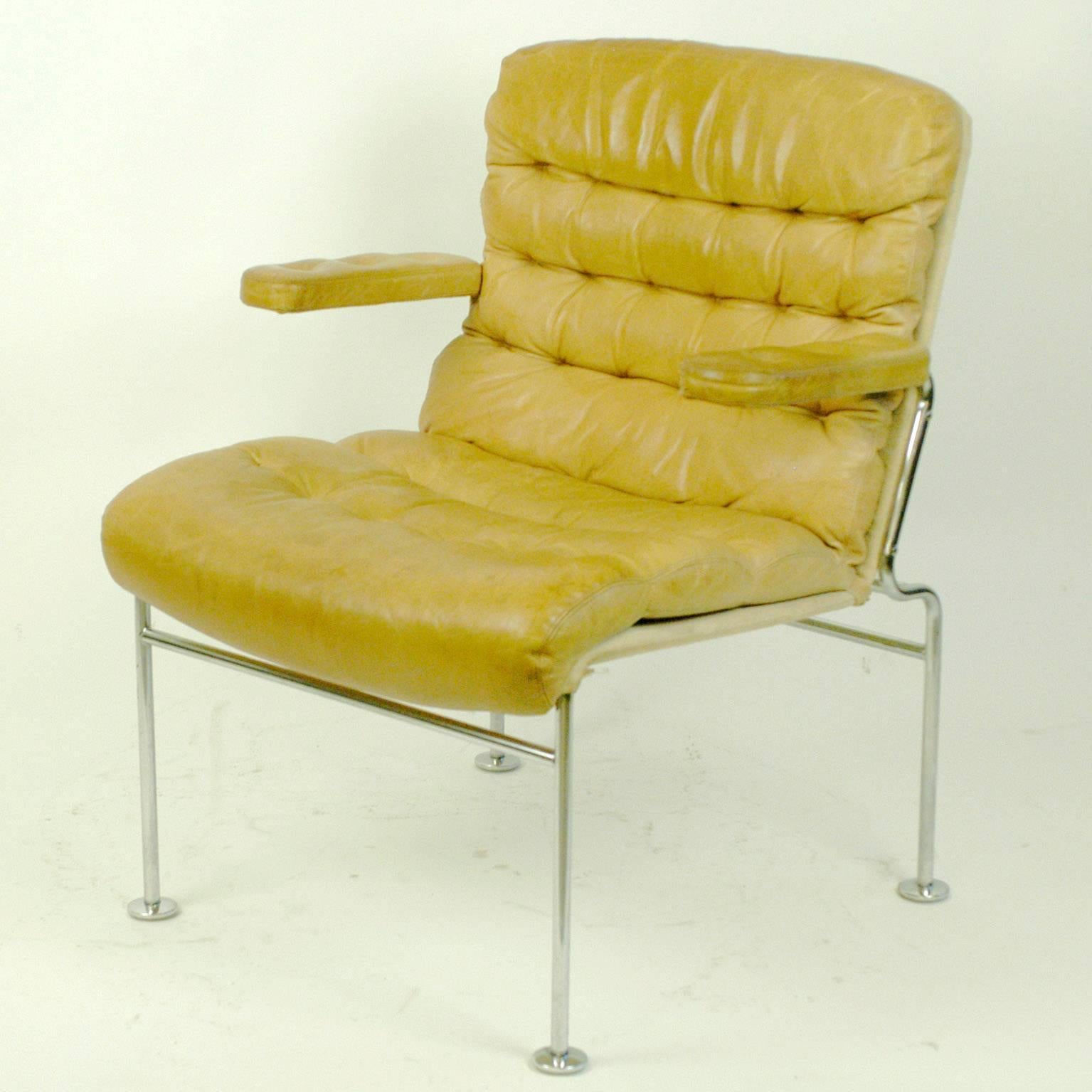 Swedish Scandinavian Cognac Leather and Chrome Birgitta Armchair by Bruno Mathsson