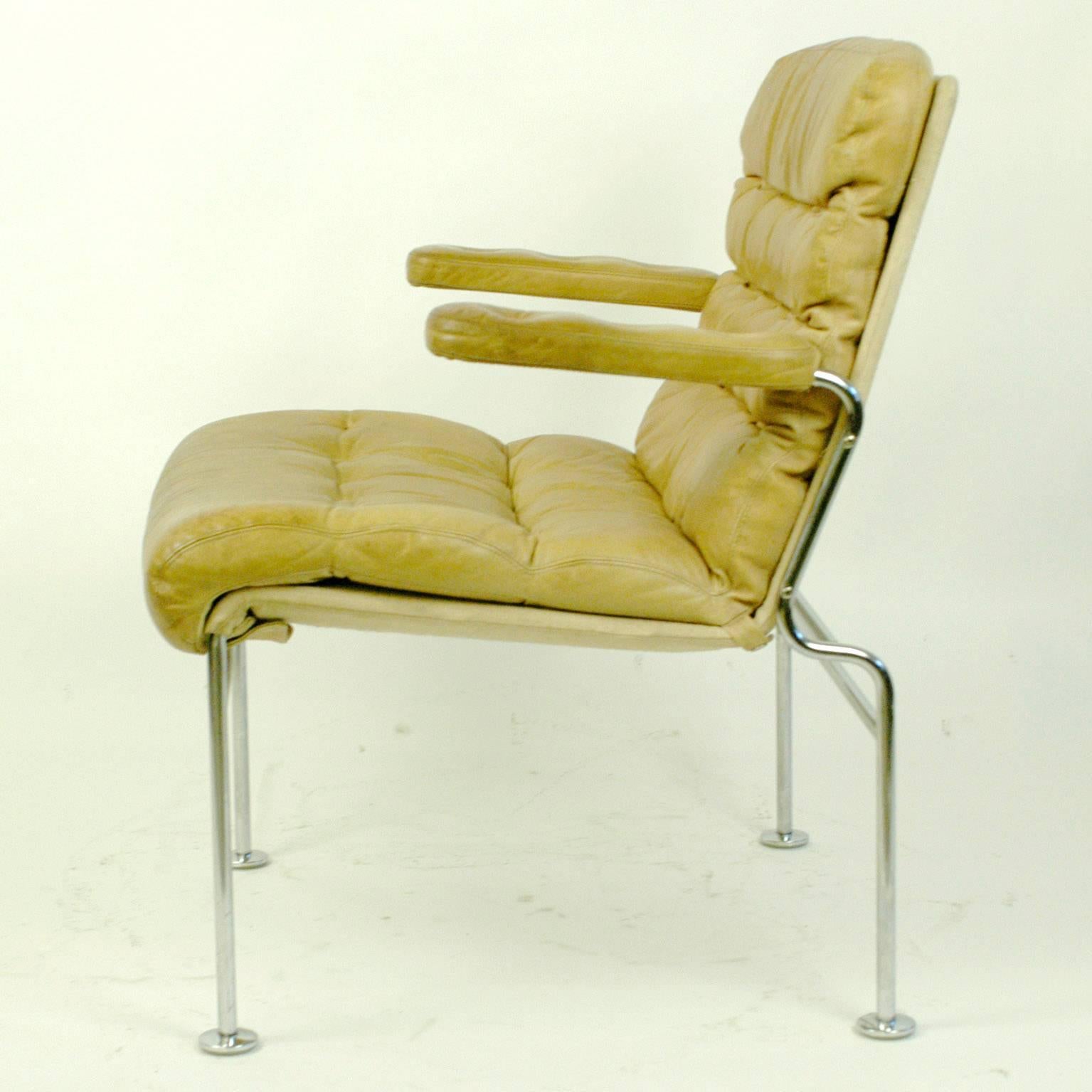 Scandinavian Cognac Leather and Chrome Birgitta Armchair by Bruno Mathsson In Good Condition In Vienna, AT