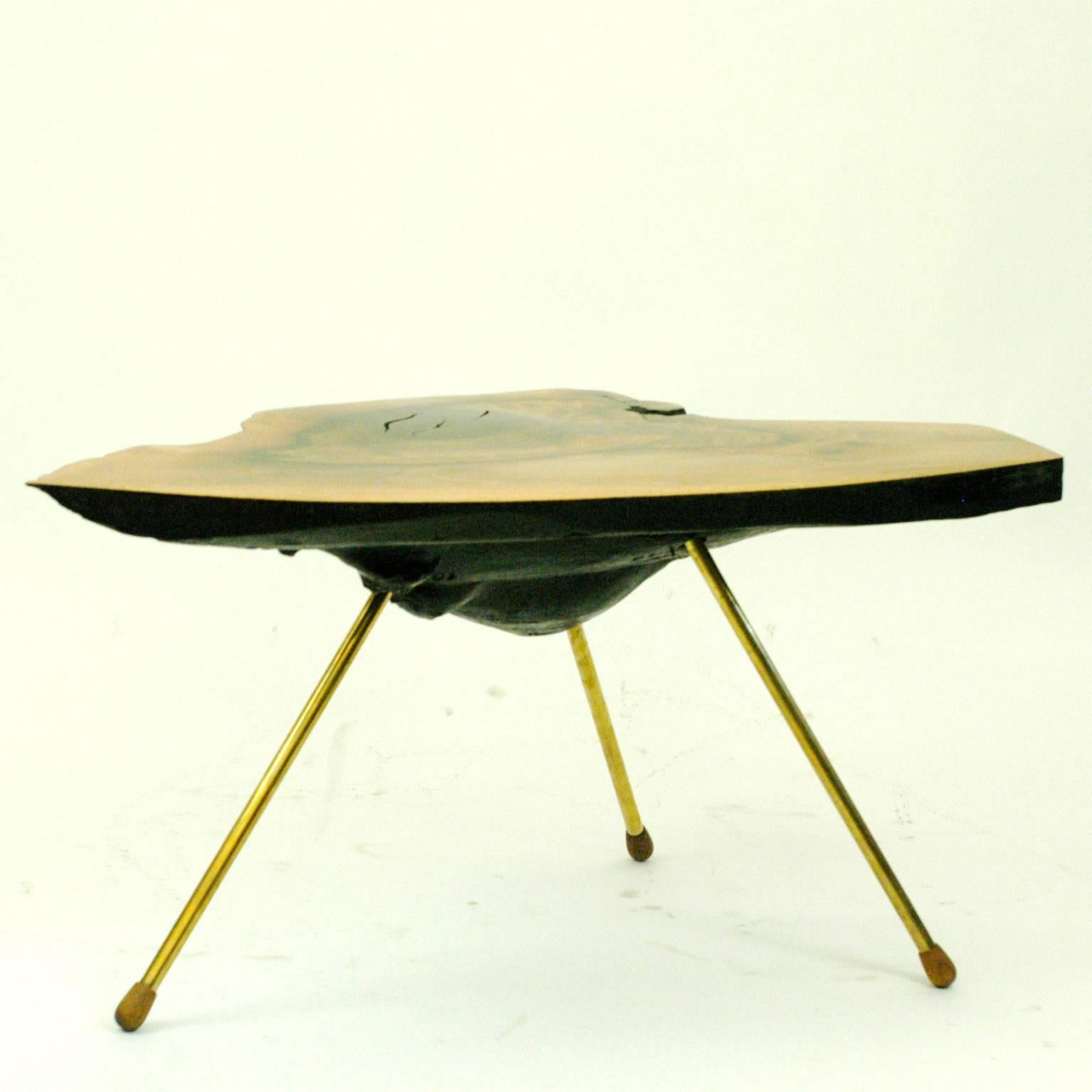 Excellent Austrian, 1950s tree trunk table made from walnut with brass legs and rare wooden shoes, marked "Made in Austria" and numbered with "10".