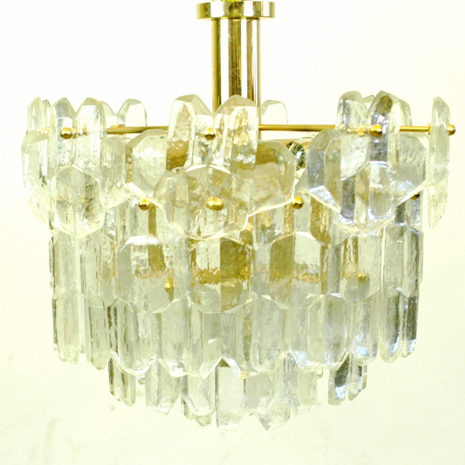 Elegant Austrian Modernist Gilt brass flush mount with excellent Crystal Ice glasses and twelve E14 bulb sockets from the Palazzo series, designed by J. T. Kalmar and manufactured in the 1970s by Kalmar Vienna. Perfect highlight to any modernist