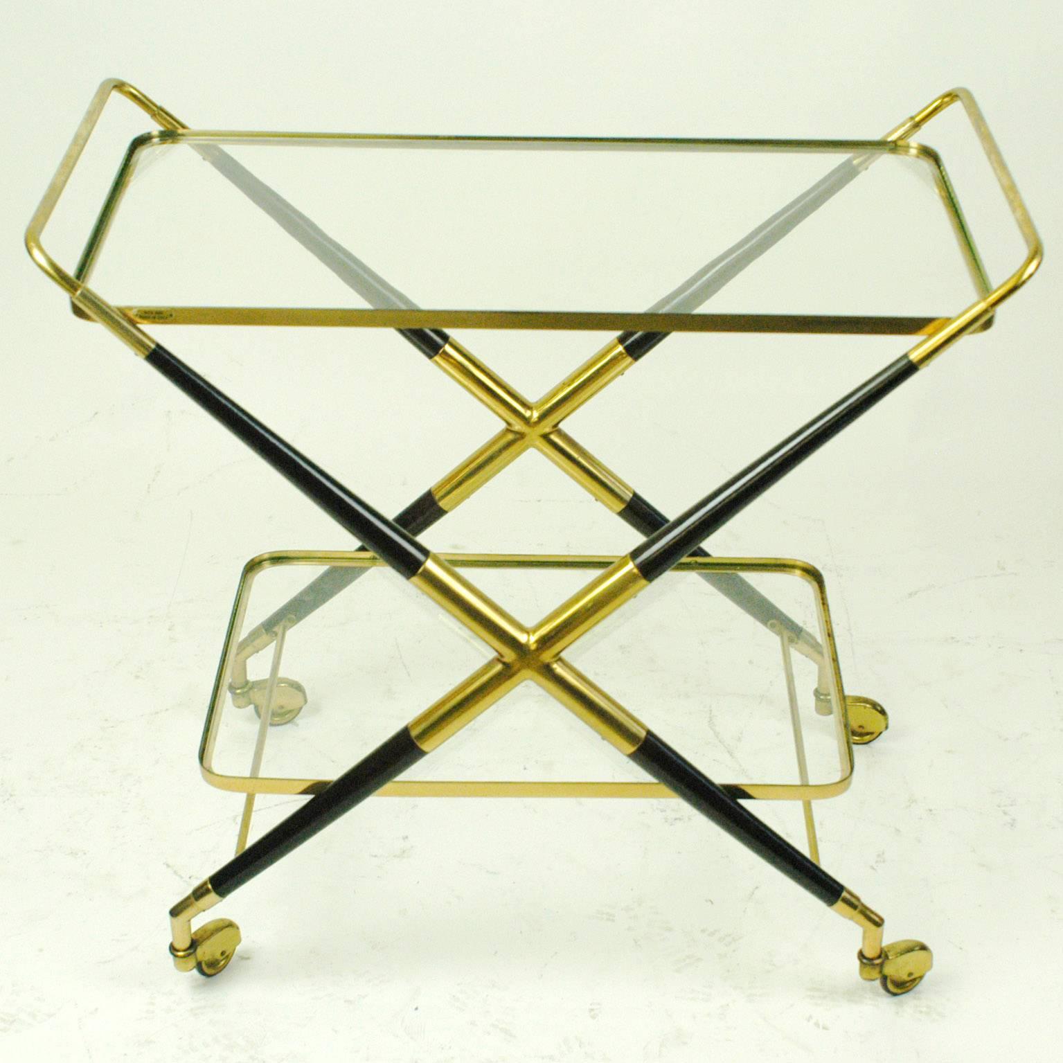 Charming Italian midcentury serving cart designed by Cesare Lacca. Perfect highlight with its clear shape and variety of materials.