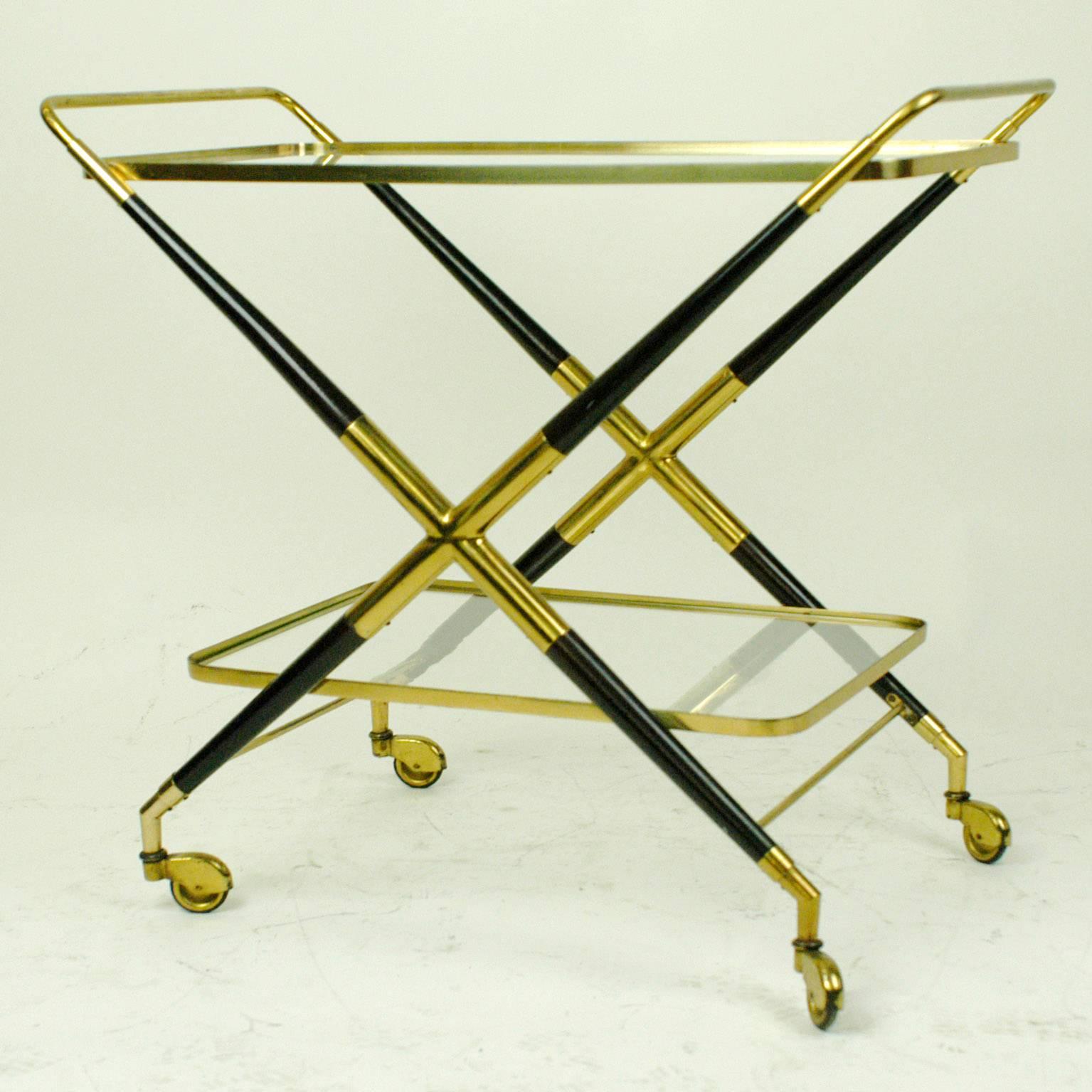 Mid-Century Modern Italian Midcentury Brass and Glass Serving Trolley or Bar Cart by Cesare Lacca