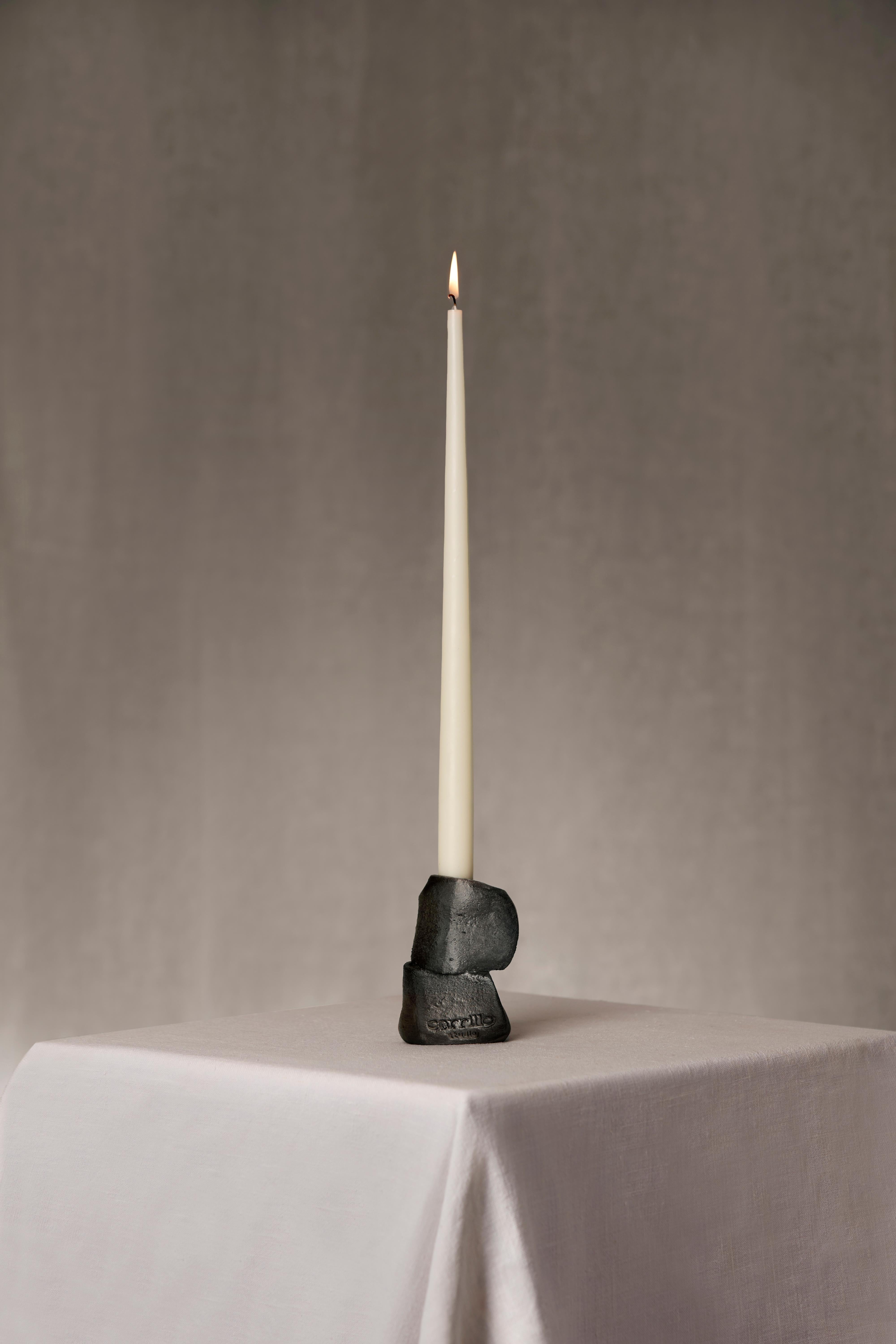 Spanish Lumière&Hombre Pair of Black Wax-Polished Stoneware Candelabras For Sale