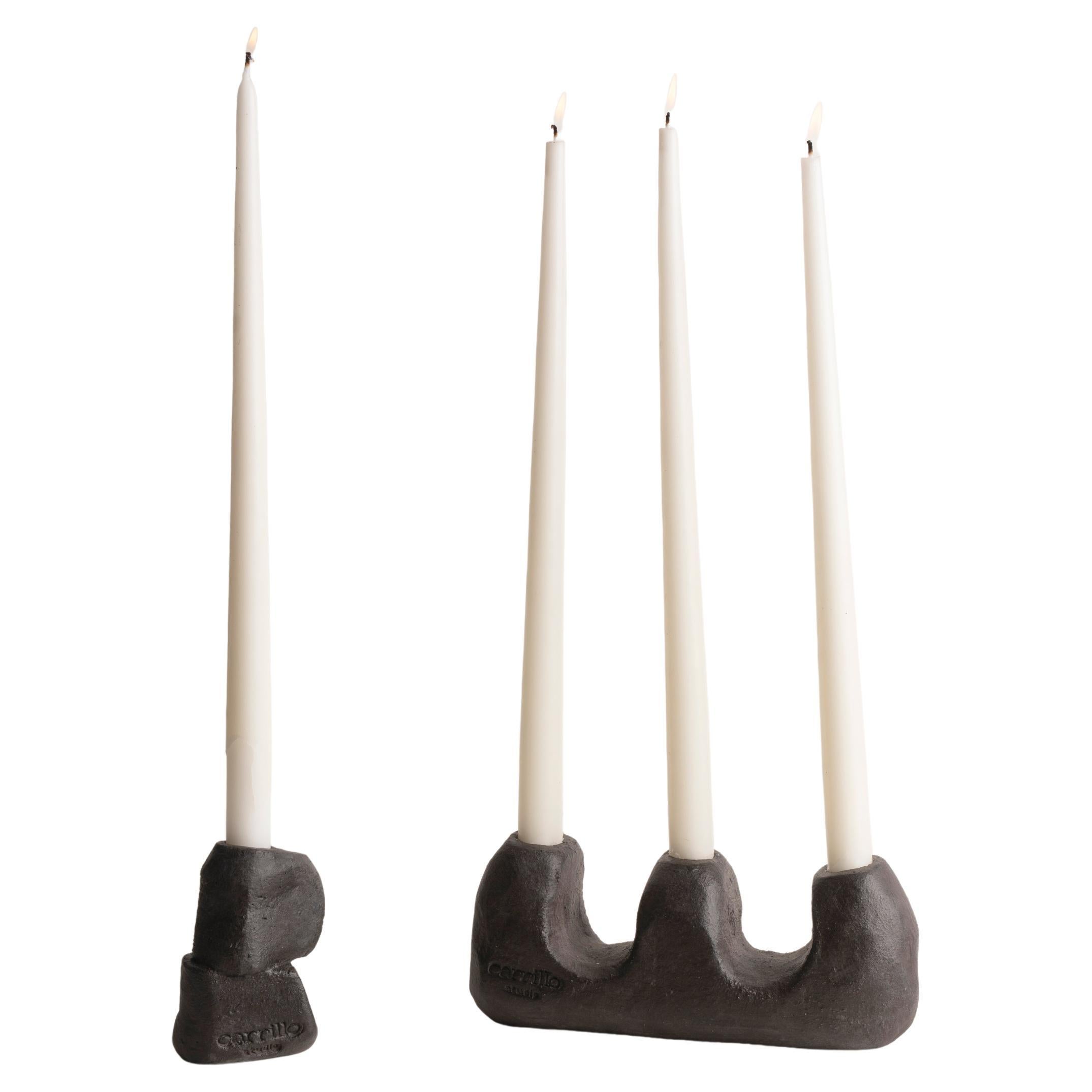 Lumière&Hombre Pair of Black Wax-Polished Stoneware Candelabras For Sale