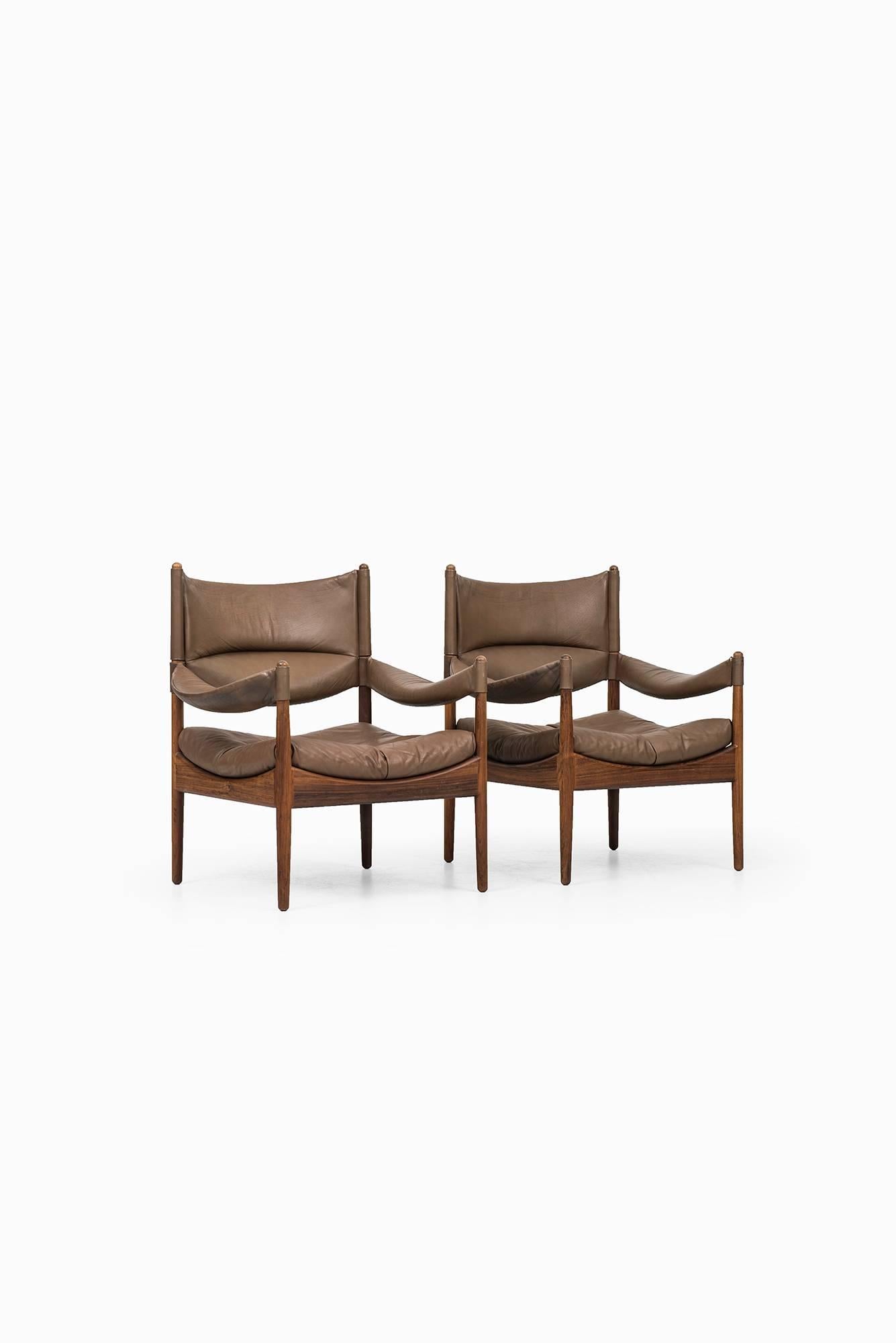 Rare seating group model Modus consists of four easy chairs and two tables designed by Kristian Solmer Vedel. Produced by Søren Willadsen møbelfabrik in Denmark.