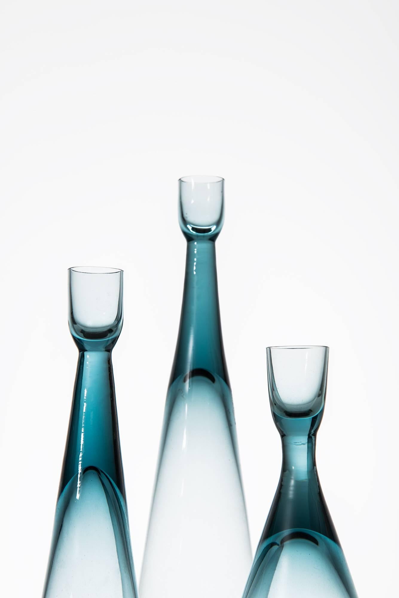 Scandinavian Modern Bengt Edenfalk Candlesticks in Glass by Skruf Glasbruk in Sweden