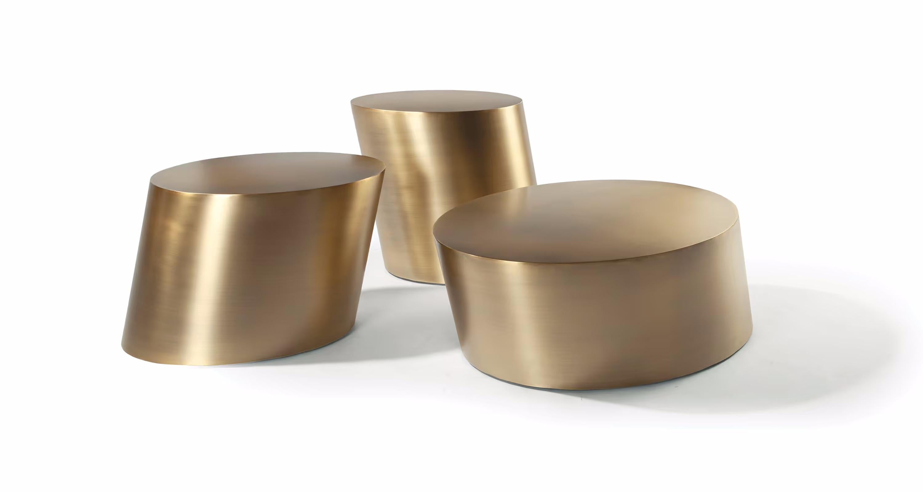 Offered is a brand new, never used Thayer Coggin Pisa Drum Table in a stunning brushed bronze finish, designed by Rick Lee. This sculptural side table is part of the celebrated Pisa collection — known for its bold, expressive forms and refined