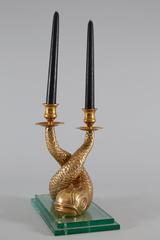 Brass Dolphin Candlesticks on Glass Base