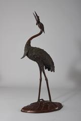 Japanese Meiji Bronze Sculpture of a Heron on a Wooden Stand