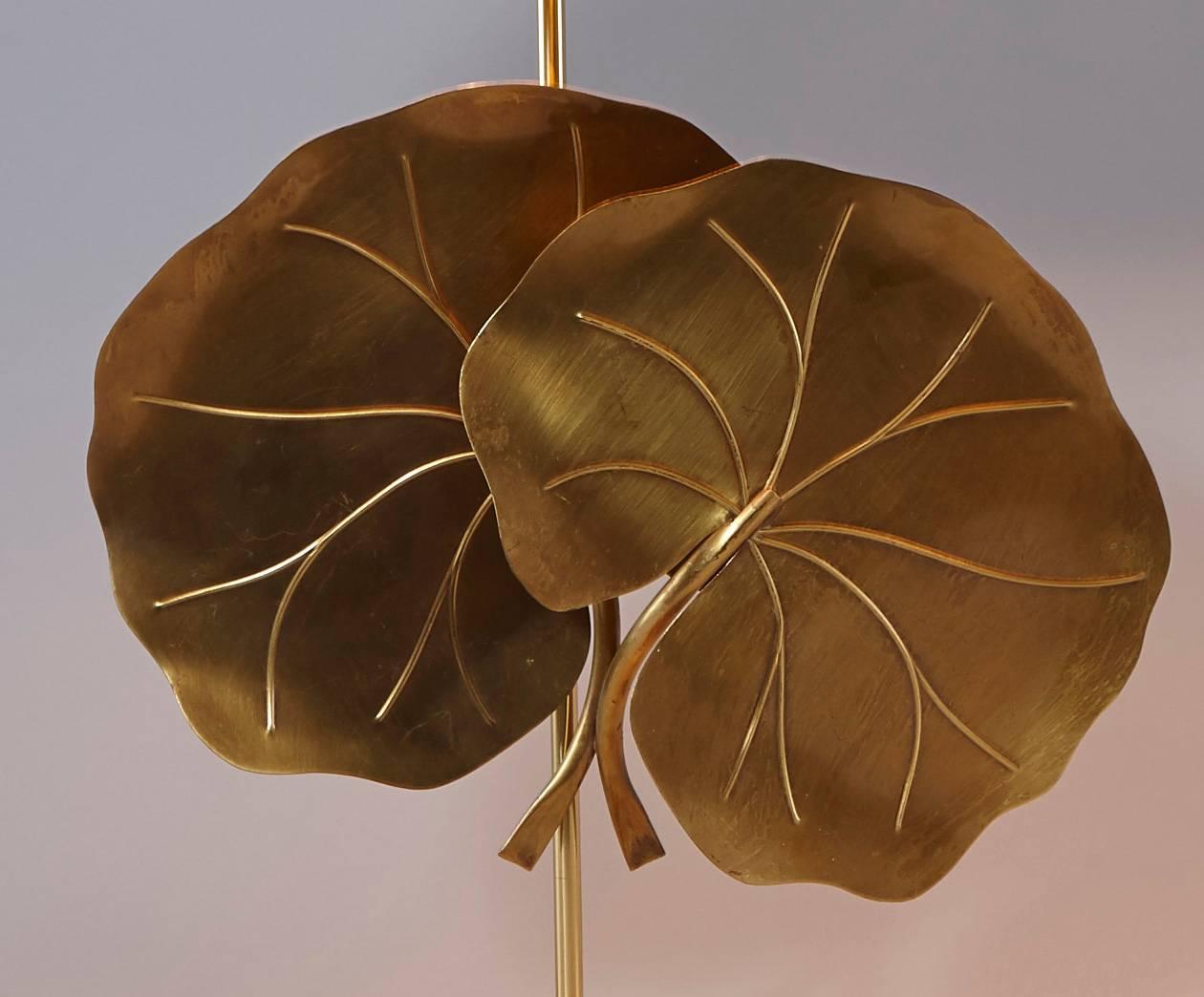 Pair of Brass Table Lamps with Lotus Leaves and green Silk Shades.
Lotus leaves originally Wall Scones.