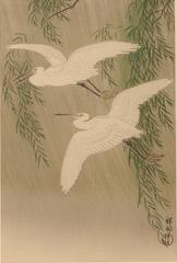 Japanese Woodblock Print "Two Egrets in a Willowtree" by Koson Ohara