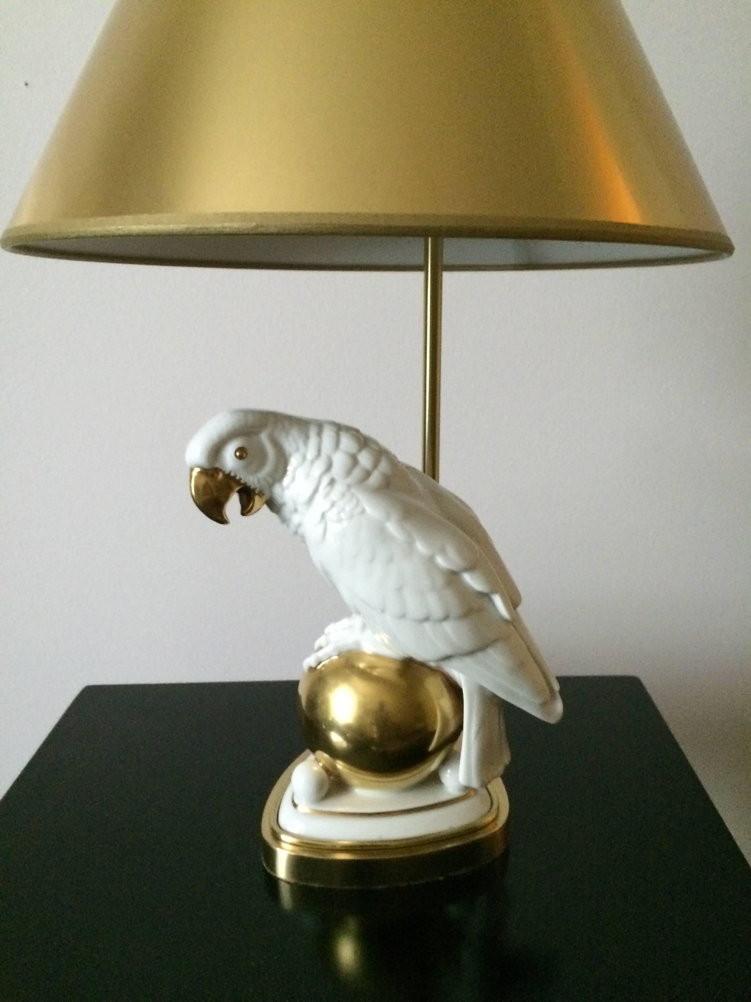 German Porcelain Parrot on a Golden Globe Mounted as a Table Lamp For Sale