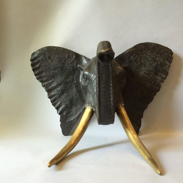 Huge Bronze Elephant Head Sculpture with Brass Tusks at 1stDibs