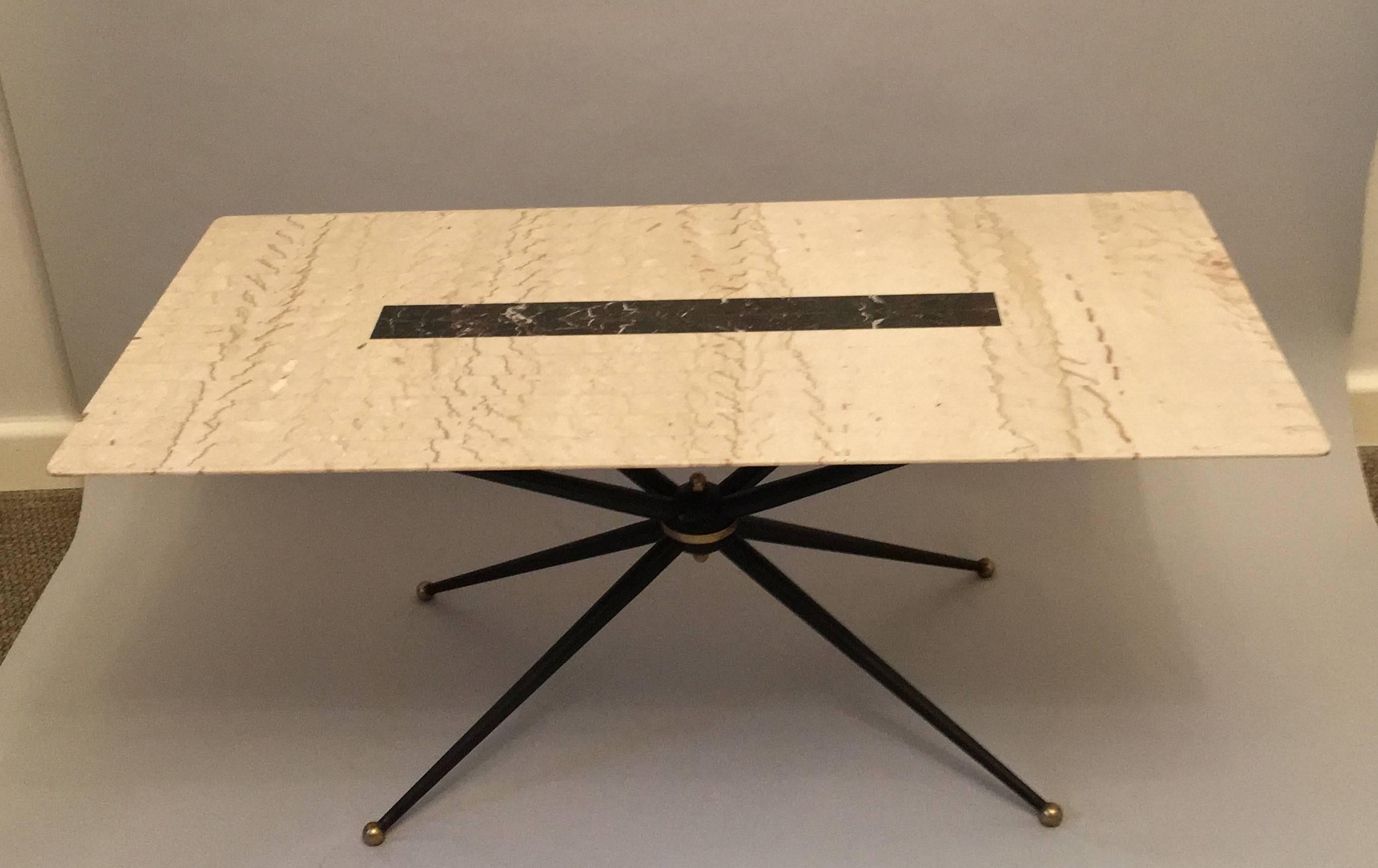 Italian sputnik coffee table with marble top. Iron Legs with brass ends.