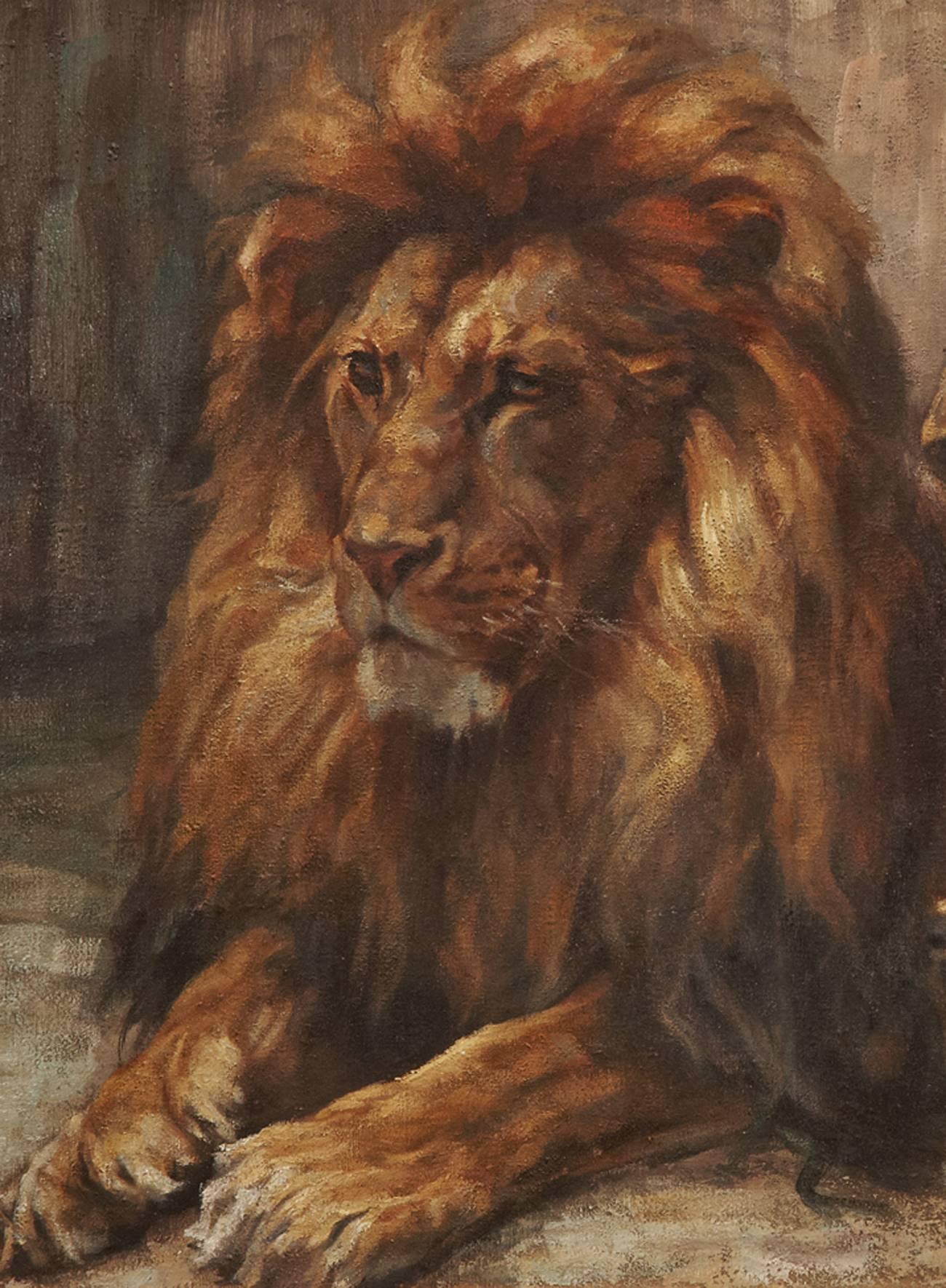 Oil on canvas painting of two resting Lions signed and dated, 1910 by Hedwig Casprzig 1886-1958 in Berlin.
Measures: New frame 103 x 83 cm.