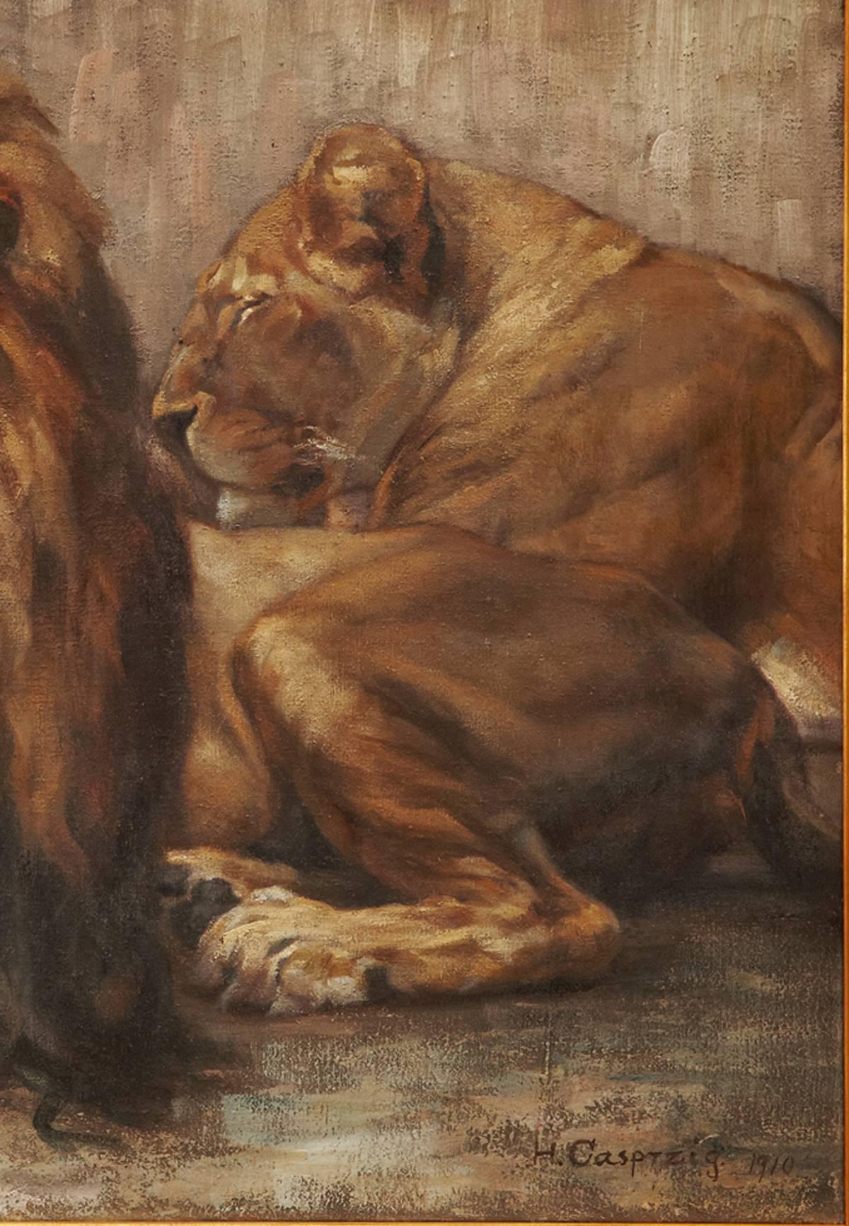 Other Painting of Two Resting Lions Signed and Dated, 1910 For Sale