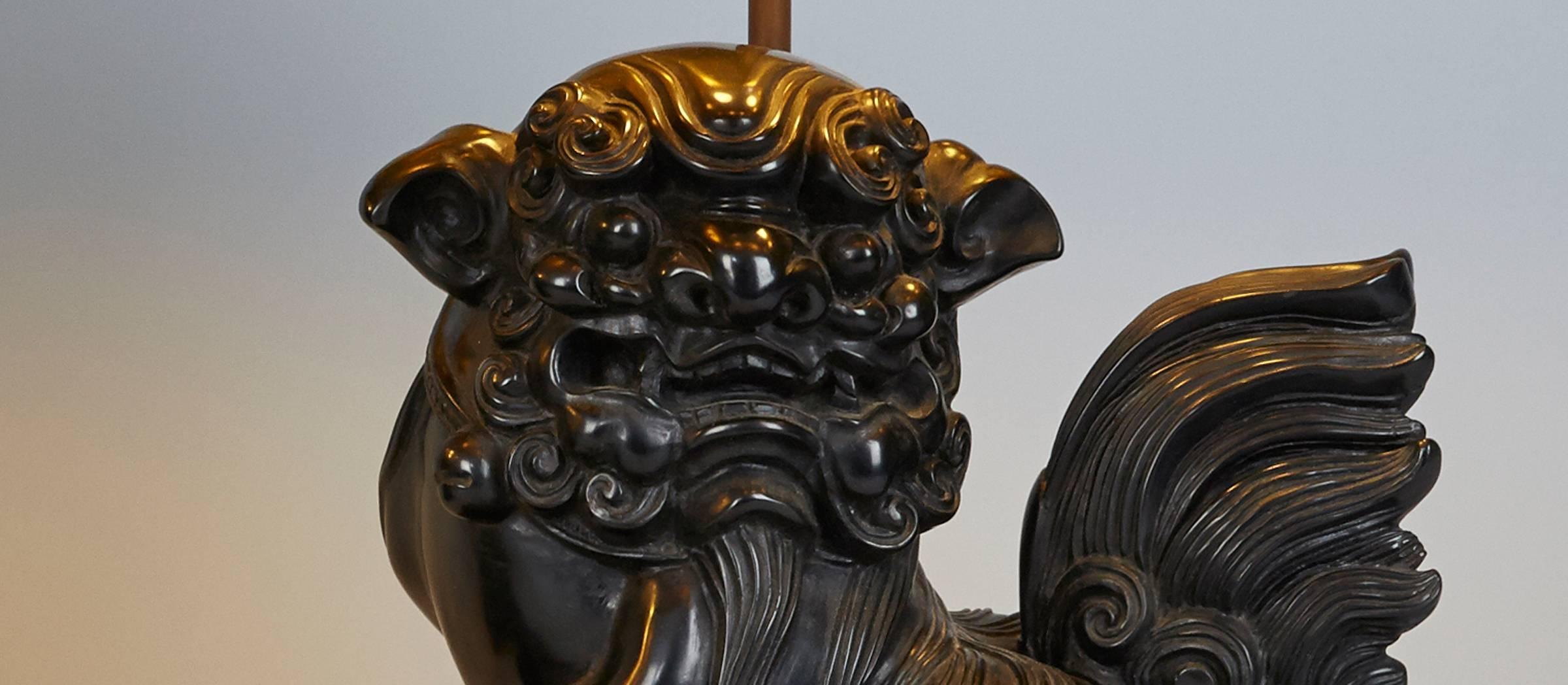 Hand-Carved Pair of Carved Cast Stone Foo Dog Lamps For Sale