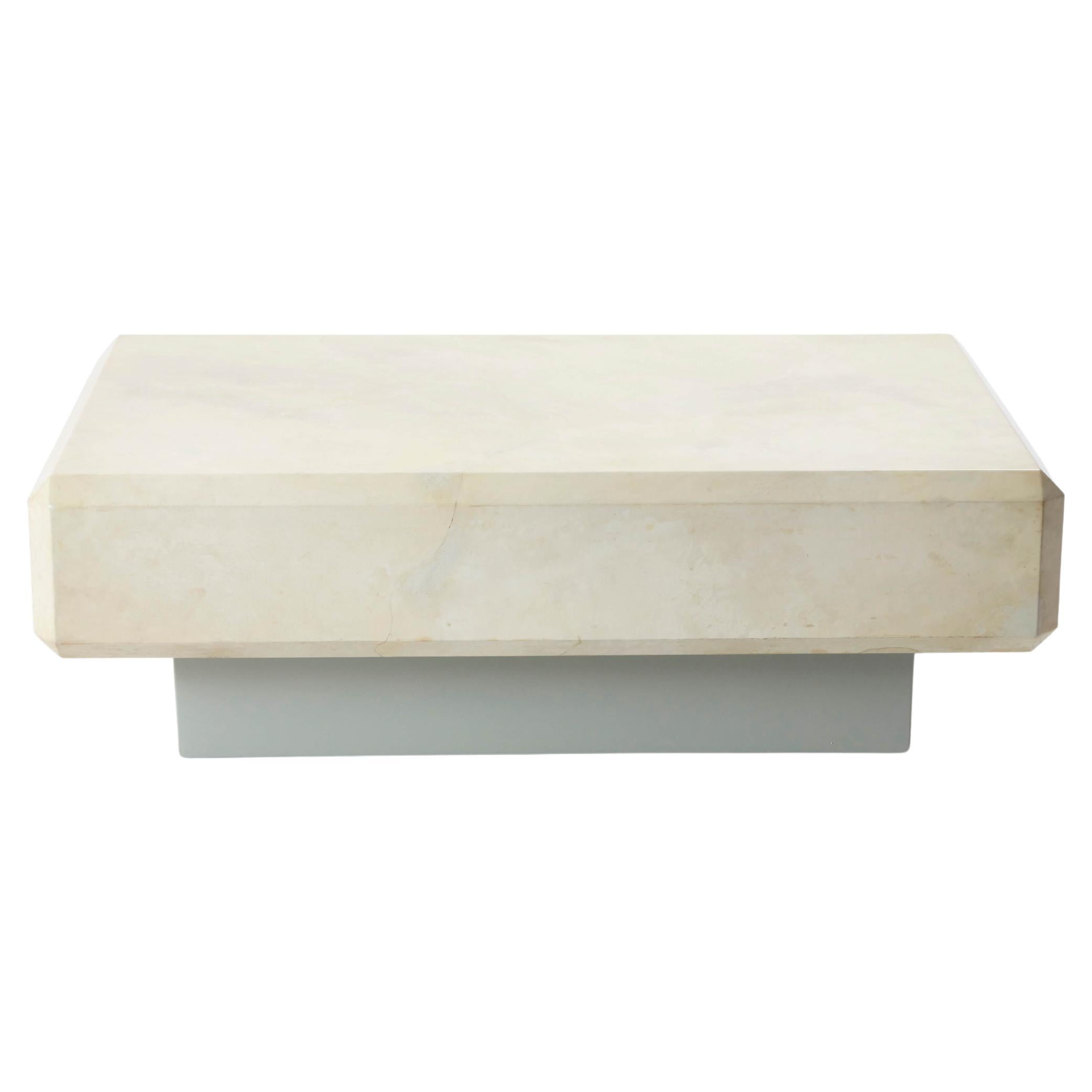Karl Springer Low Plinth Coffee Table in Goatskin Parchment and Lacquer, 1970