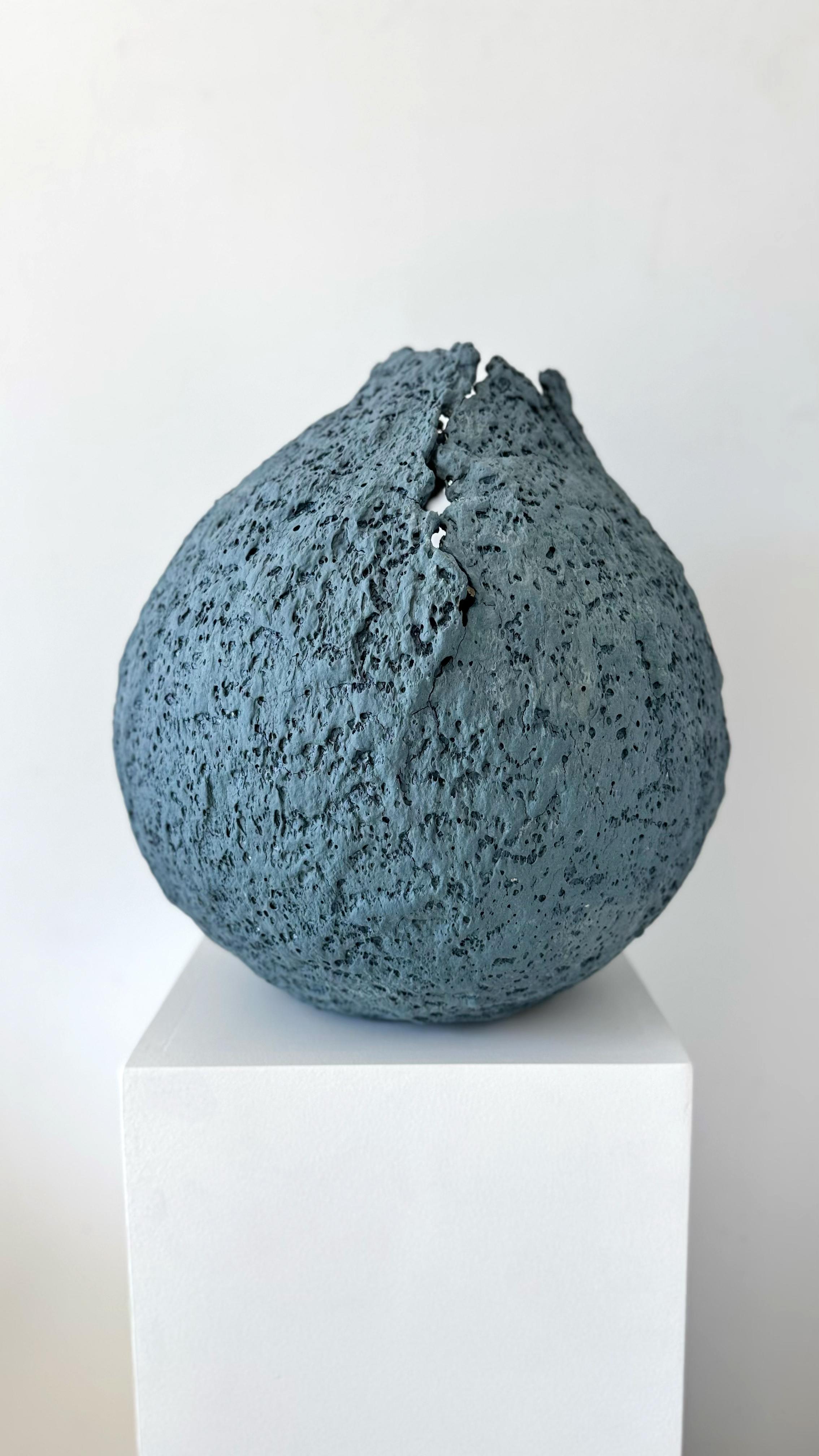 Modern Textured Blue Porcelain Moon Vessel. 