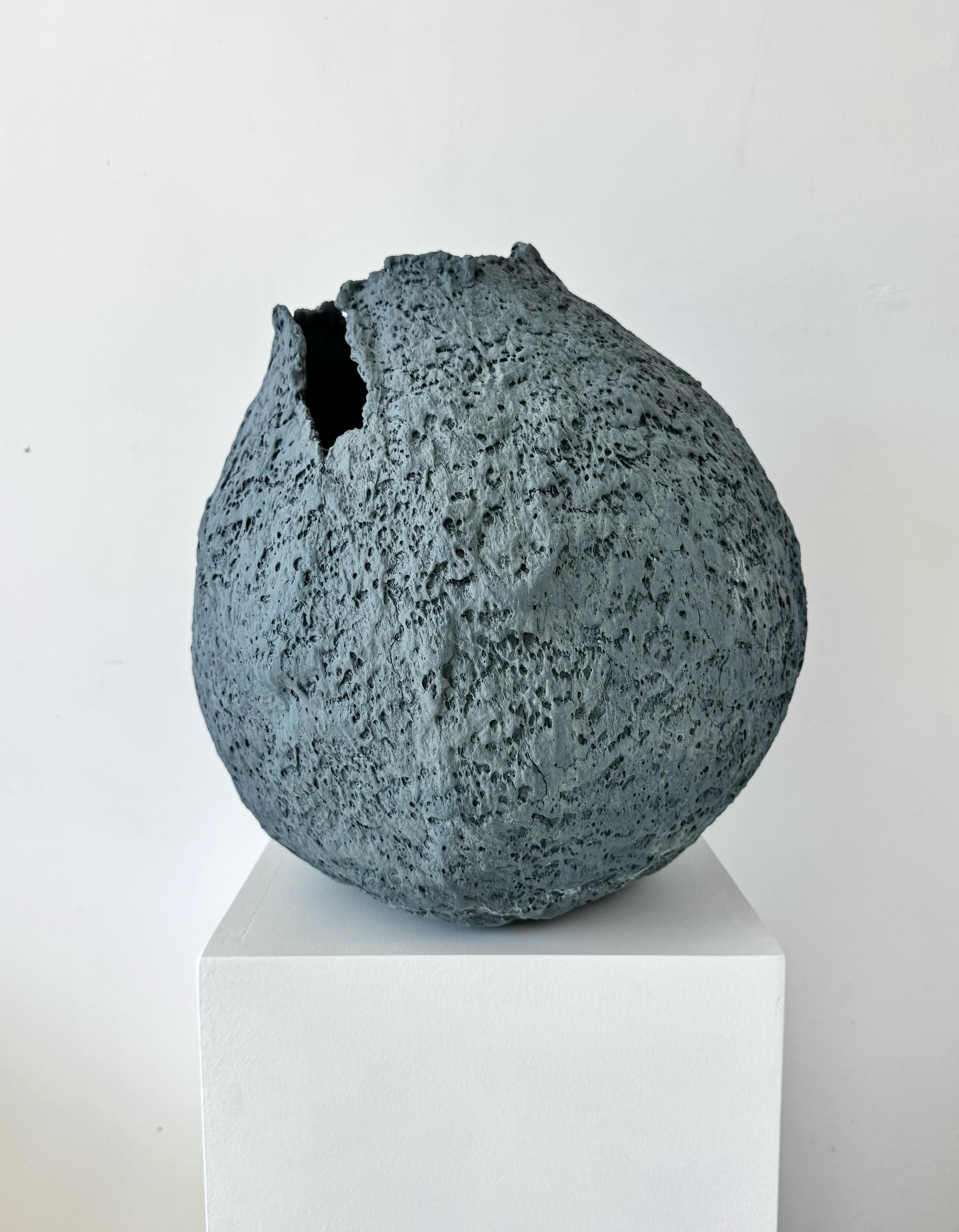 Fired Textured Blue Porcelain Moon Vessel. 