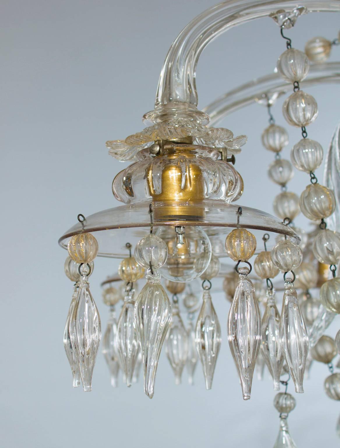 Baroque Revival Murano Glass Chandelier with Hanging clear Glass Sphere and Strings Italy 1950s  For Sale