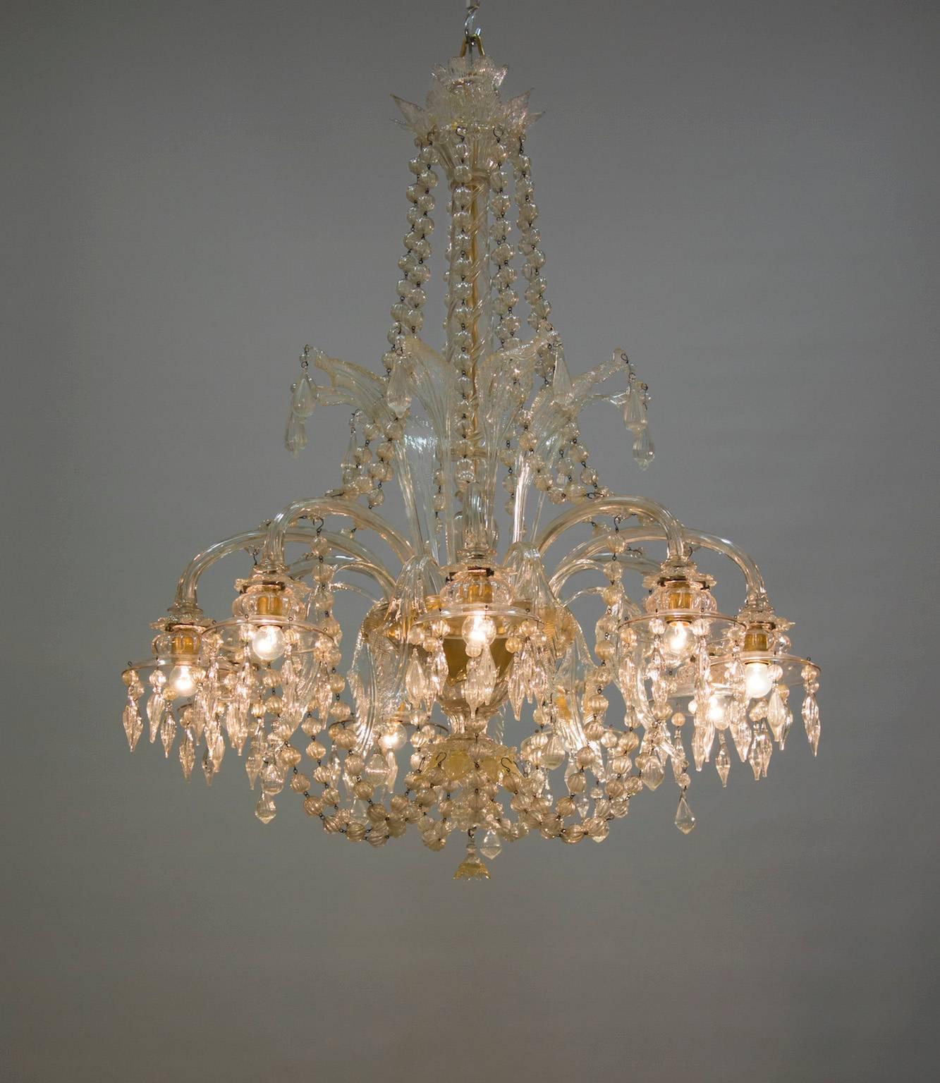 Mid-20th Century Murano Glass Chandelier with Hanging clear Glass Sphere and Strings Italy 1950s  For Sale