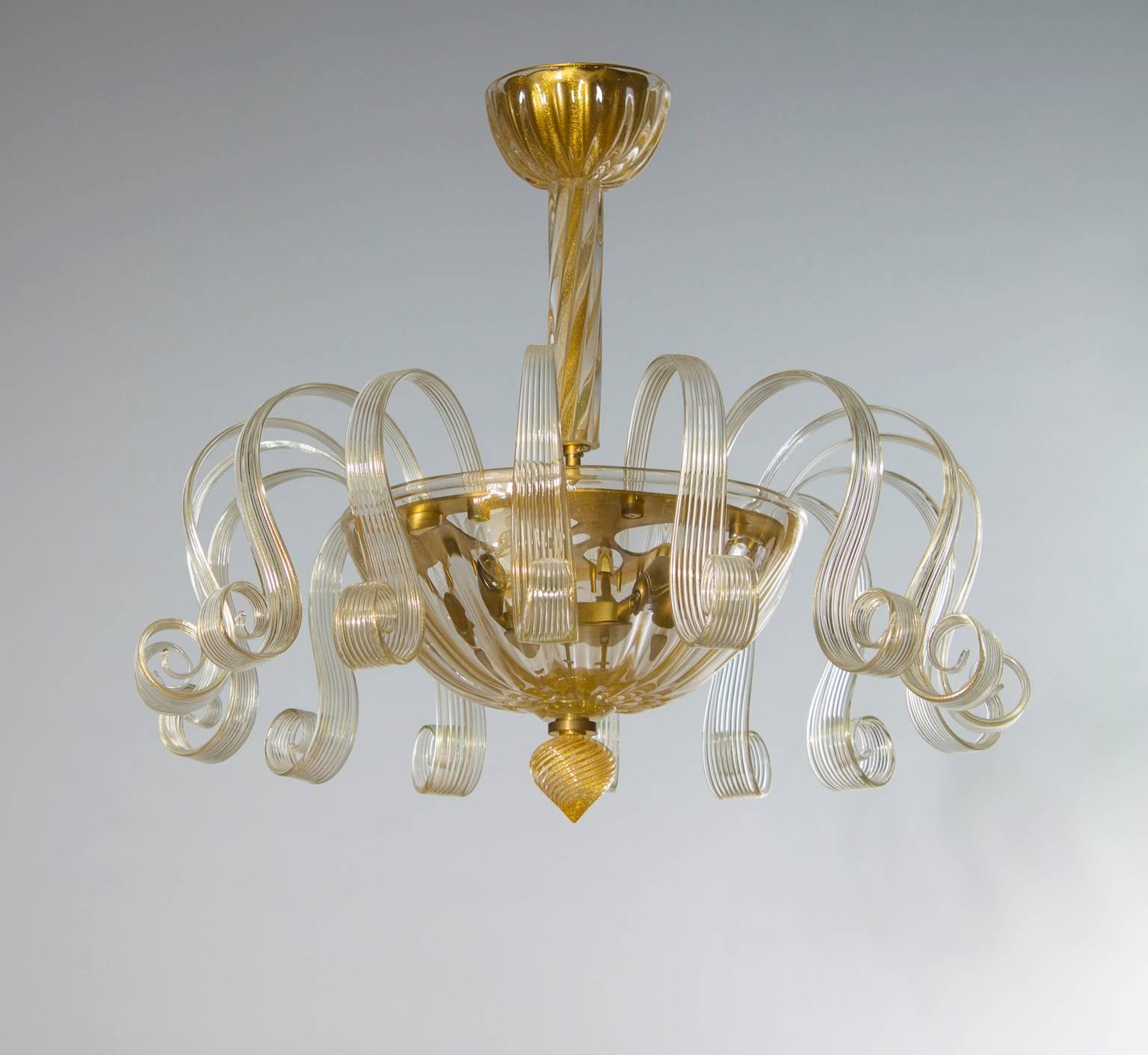 Italian Venetian Flush Mount in  blown Murano glass Gold 24-K Pastorals 1980s.
Beautiful Italian Venetian, Flush Mount, blown Murano glass, Gold 24-K Pastorals, 1980s, composed by sixteen pastorals, and from an elegant twisted stem in the middle,