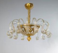 Italian Venetian Flush Mount in  blown Murano glass Gold 24-K Pastorals 1980s