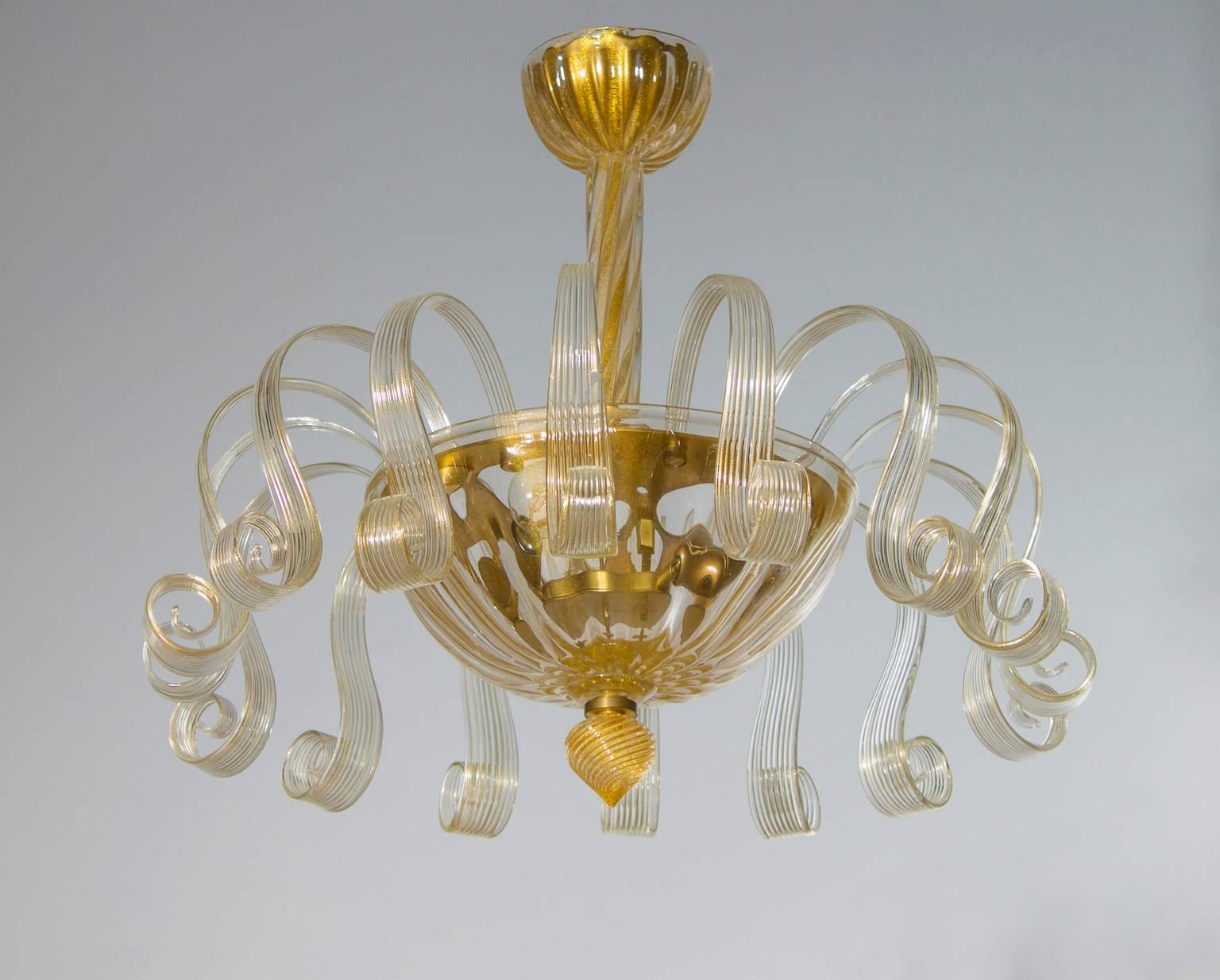 Art Deco Italian Venetian Flush Mount in  blown Murano glass Gold 24-K Pastorals 1980s For Sale