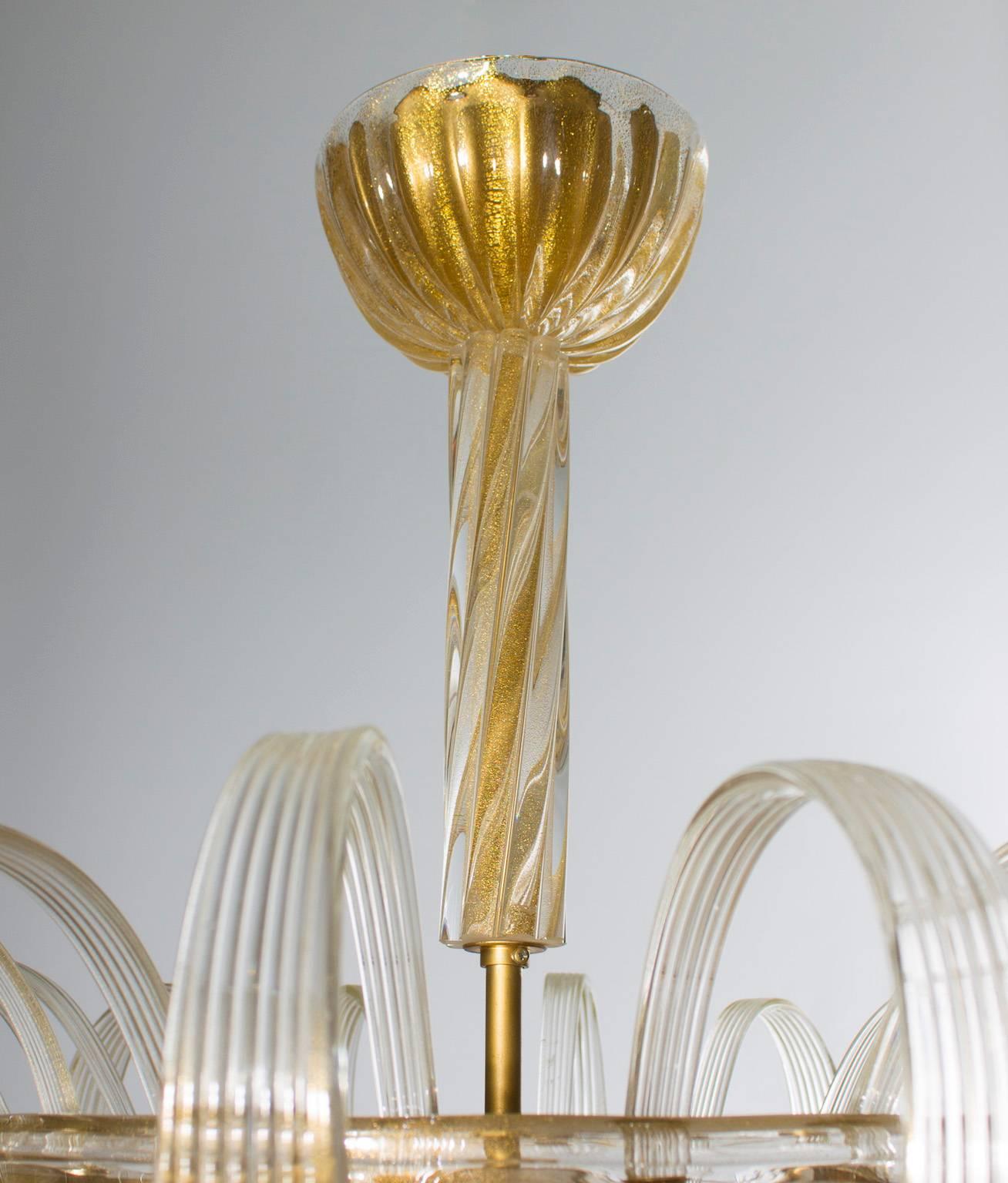 Hand-Crafted Italian Venetian Flush Mount in  blown Murano glass Gold 24-K Pastorals 1980s For Sale