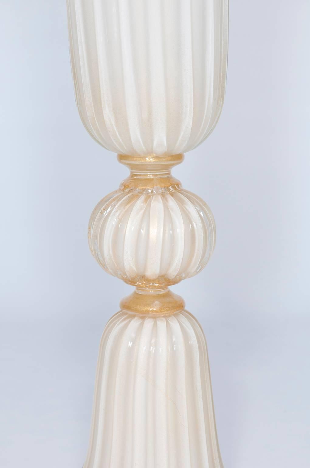Hand-Crafted Italian Venetian, Column Vase, blown Murano Glass, White & Gold, Barovier, 1980s