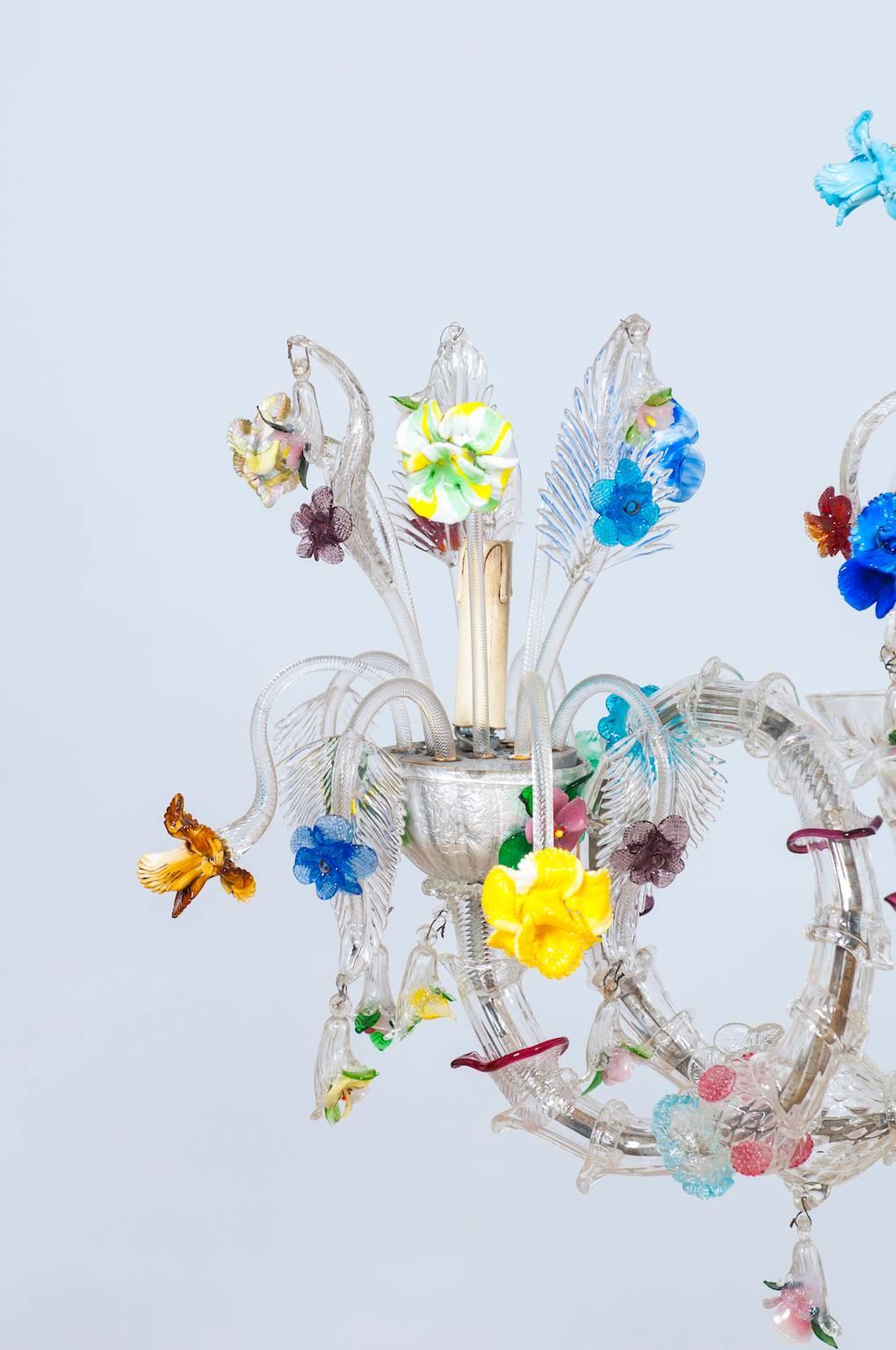 Mid-20th Century Italian Ca'Rezzonico Gondola Chandelier with Colorful Flowers and Leaves, 1960s